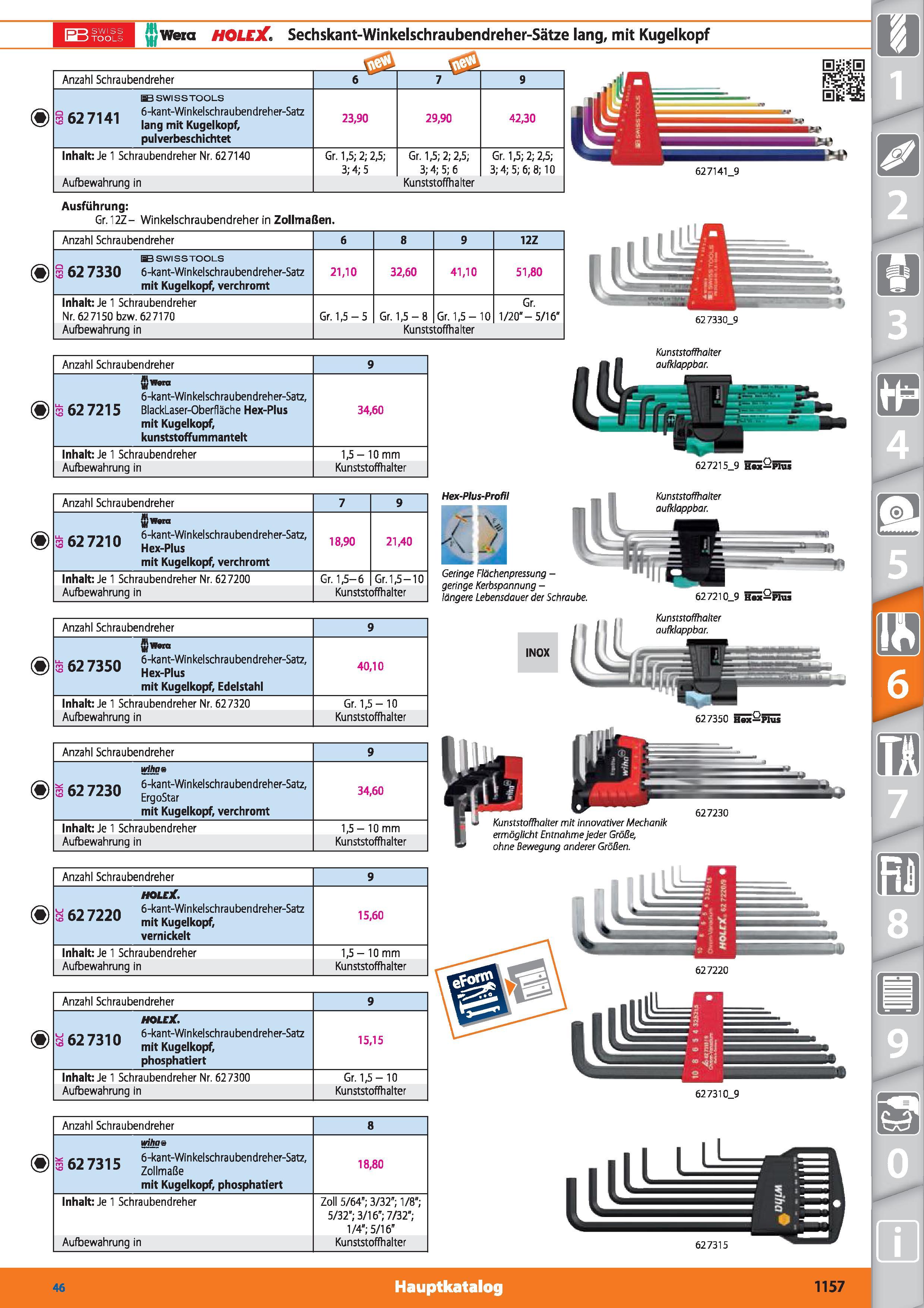 1157 Wera HOLEX Sechskant-Winkelschraubendreher-Sätze lang, mit Kugelkopf Anzahl Schraubendreher 6 7 9 BB SWISSTOOLS 7 6-kant-Winkelschraubendreh Каталог HOFFMANN GROUP 2015 Инструмент режущий слесарный измерительный абразивный Оборудование Комплексные поставки для промышленных предприятий DEU Стр. 1157