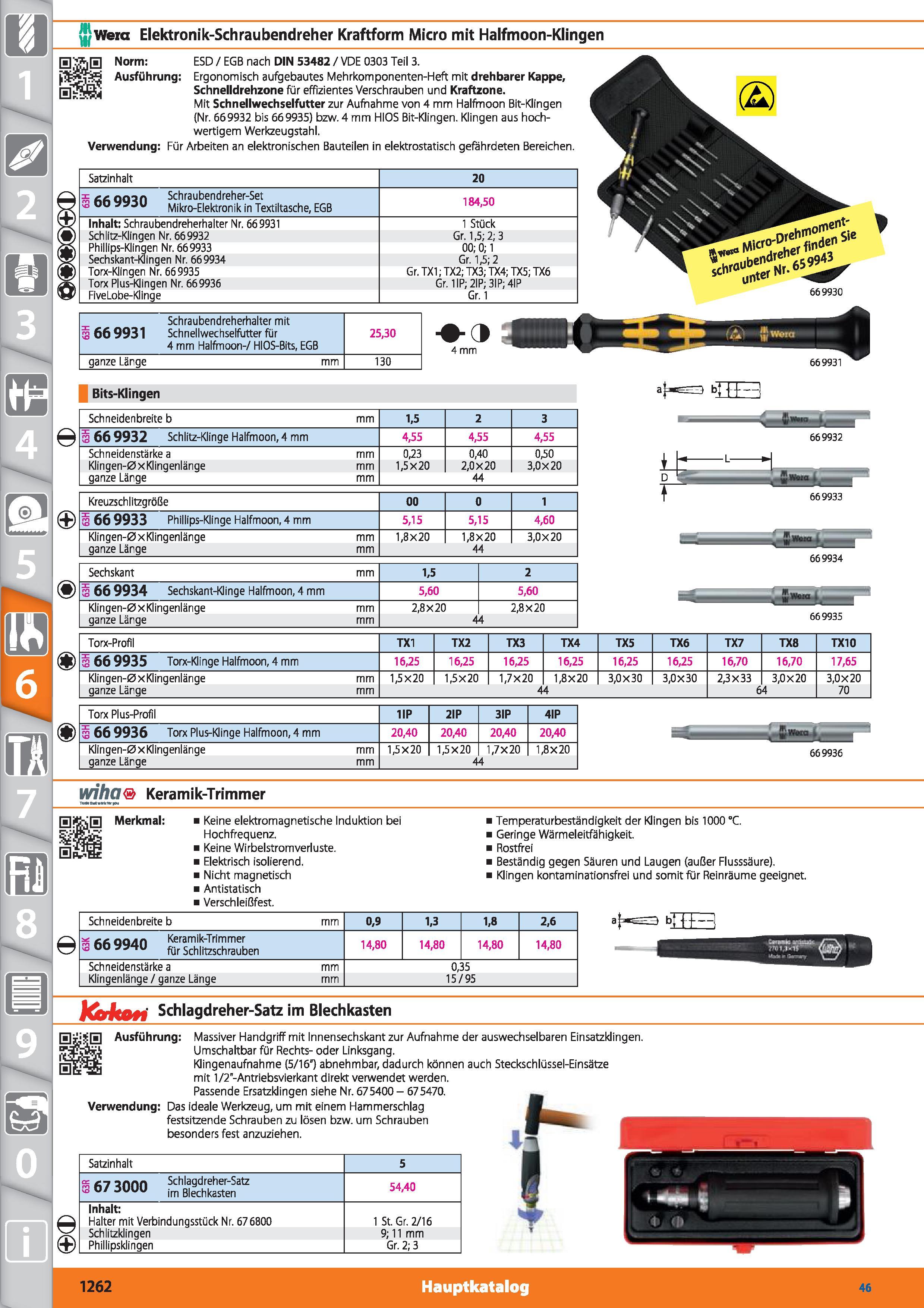 1262 Wera Elektronik-Schraubendreher Kraftform Micro mit Halfmoon-Klingen 0 Norm Ausführung ESD / EGB nach DIN 53482 / VDE 0303 Teil 3 Ergonomisc Каталог HOFFMANN GROUP 2015 Инструмент режущий слесарный измерительный абразивный Оборудование Комплексные поставки для промышленных предприятий DEU Стр. 1262