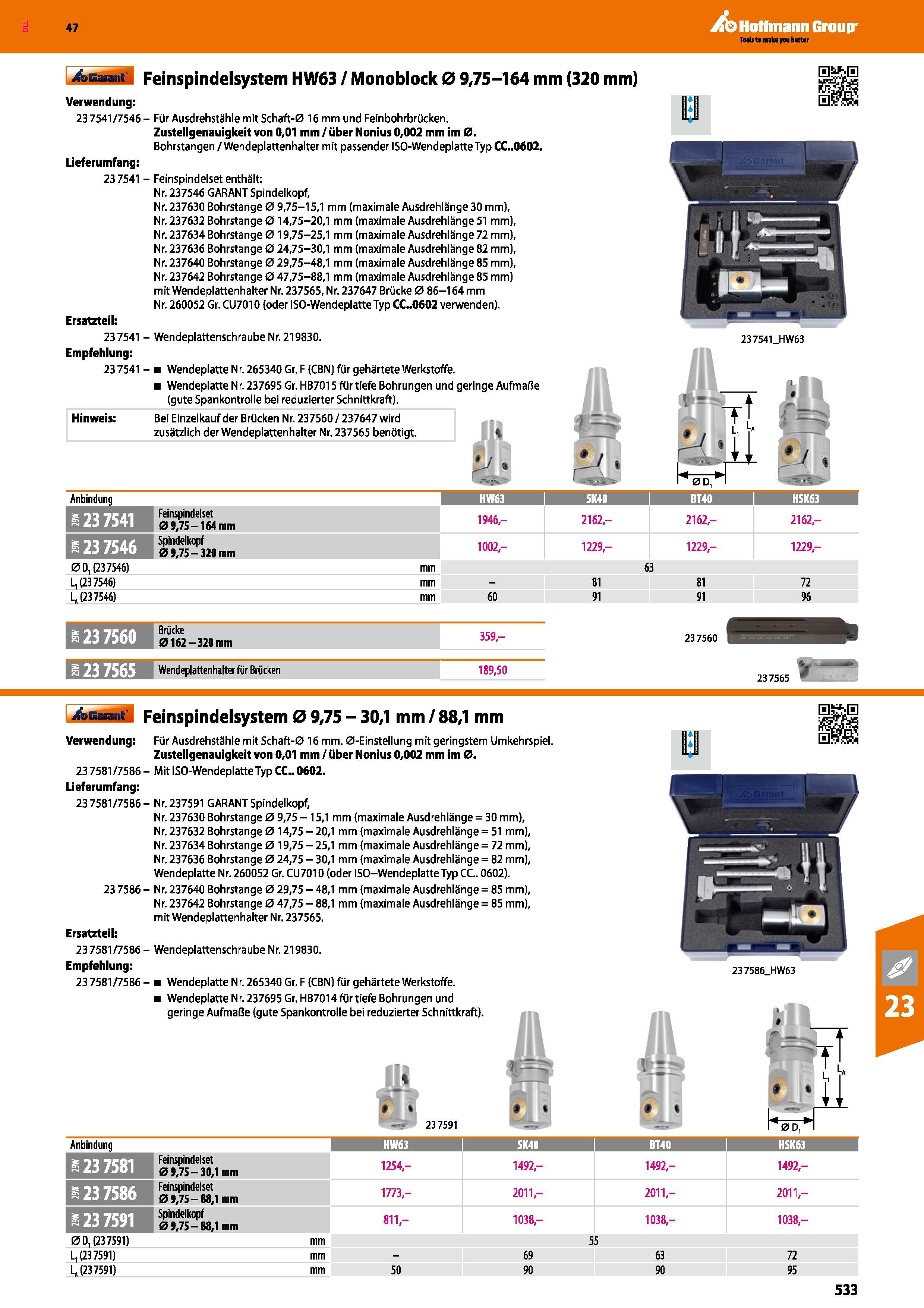 533 Feinspindelsystem HW63 / Monoblock 0 9,75-164 mm Verwendung 237541/7546- Lieferumfang 23 7541 Für Ausdrehstähle mit Schaft-0 16 mm und Feinbohrbr Каталог HOFFMANN GROUP 2016 Режущий инструмент и инструментальная оснастка для металлообрабатывающего промышленного оборудования 47 версия издания Стр. 533 DEU