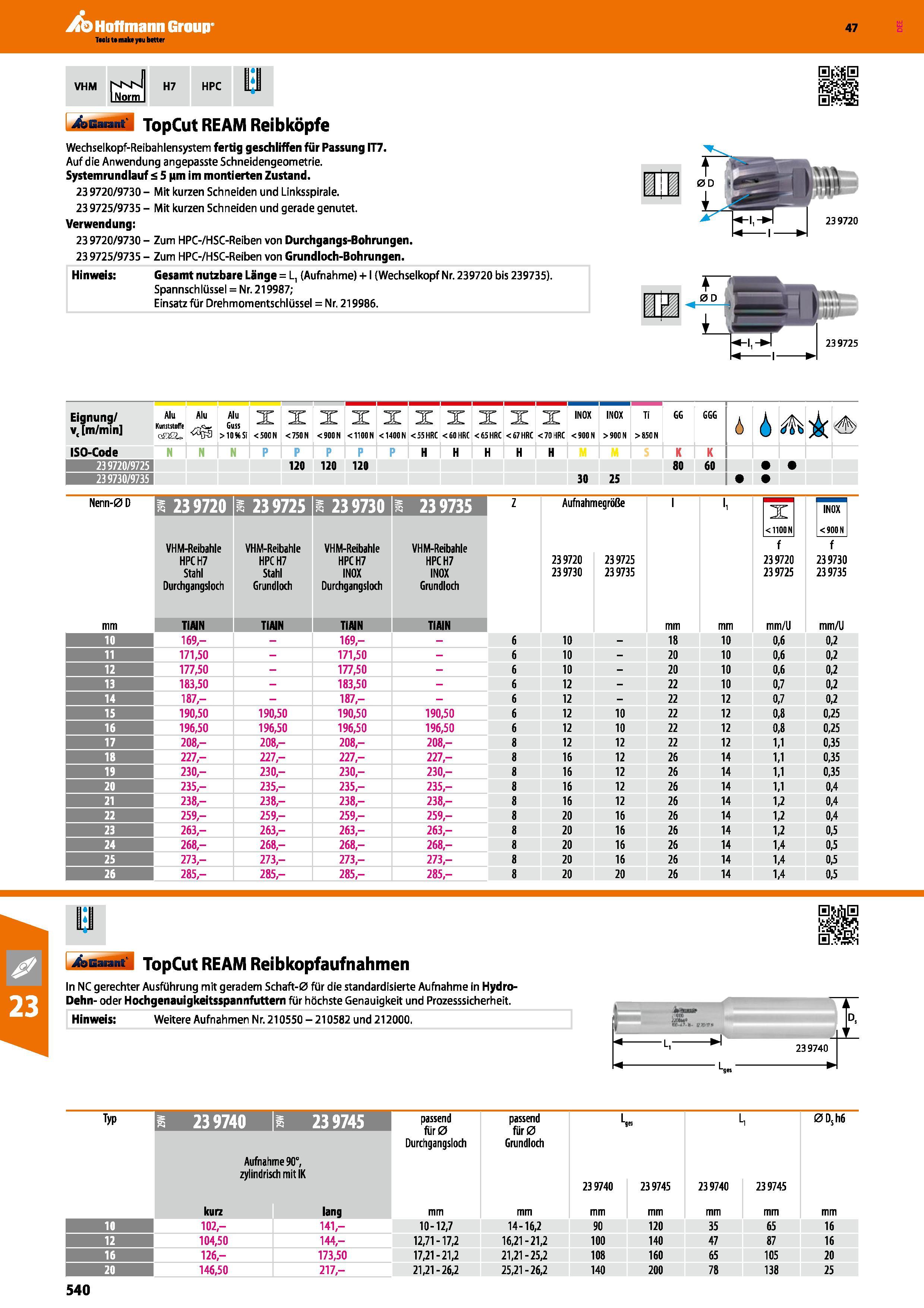 540 TopCut REAM Reibköpfe Wechselkopf-Reibahlensystem fertig geschliffen für Passung IT7 Auf die Anwendung angepasste Schneidengeometrie Systemrundla Каталог HOFFMANN GROUP 2016 Режущий инструмент и инструментальная оснастка для металлообрабатывающего промышленного оборудования 47 версия издания Стр. 540 DEU