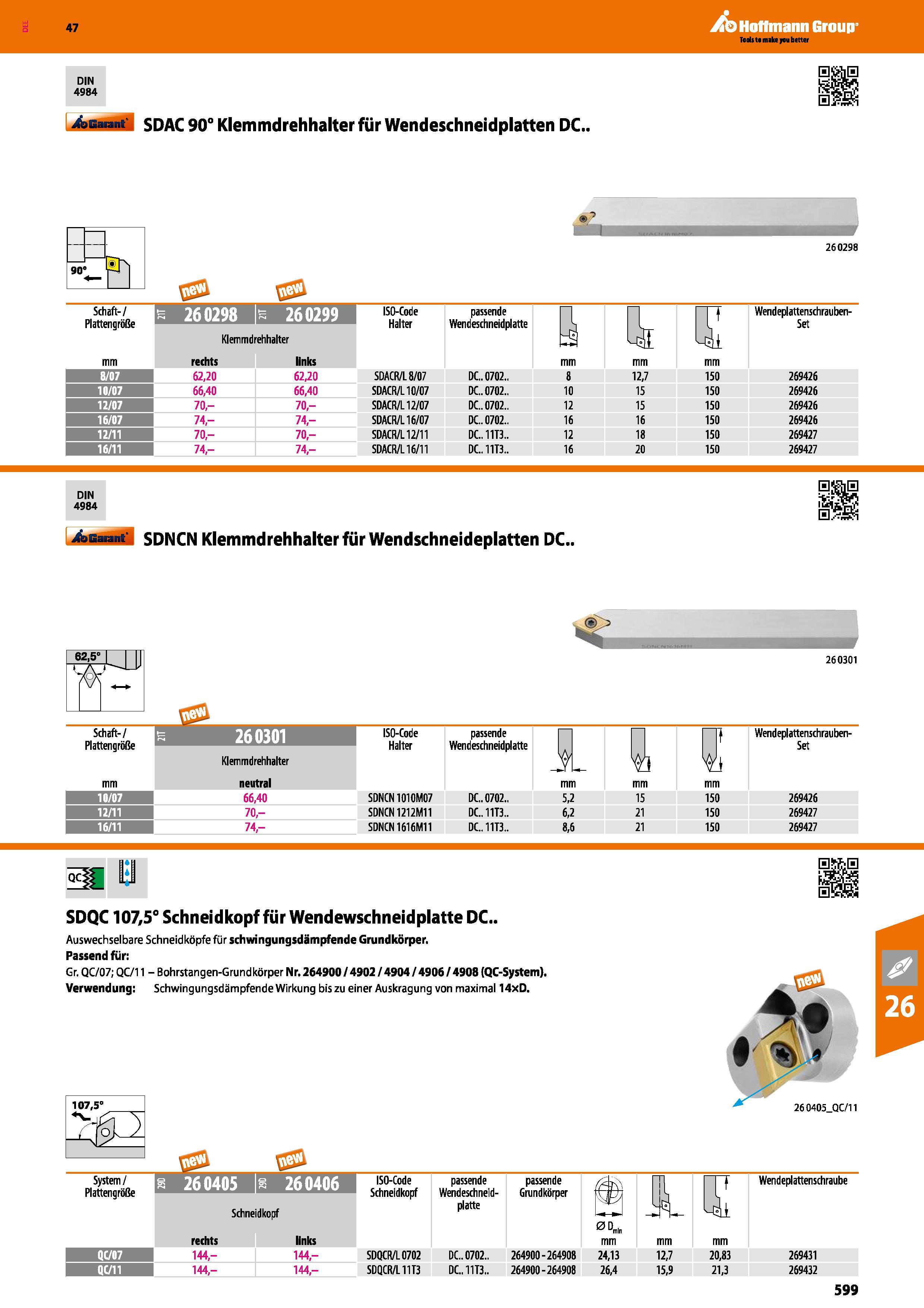 599 SDAC 90° Klemmdrehhalter für Wendeschneidplatten DC 90 260298 Schaft-/ Plattengröfle N 260298 260299 Klemmdrehhalter rcchts links 62,20 62,20 66, Каталог HOFFMANN GROUP 2016 Режущий инструмент и инструментальная оснастка для металлообрабатывающего промышленного оборудования 47 версия издания Стр. 599 DEU