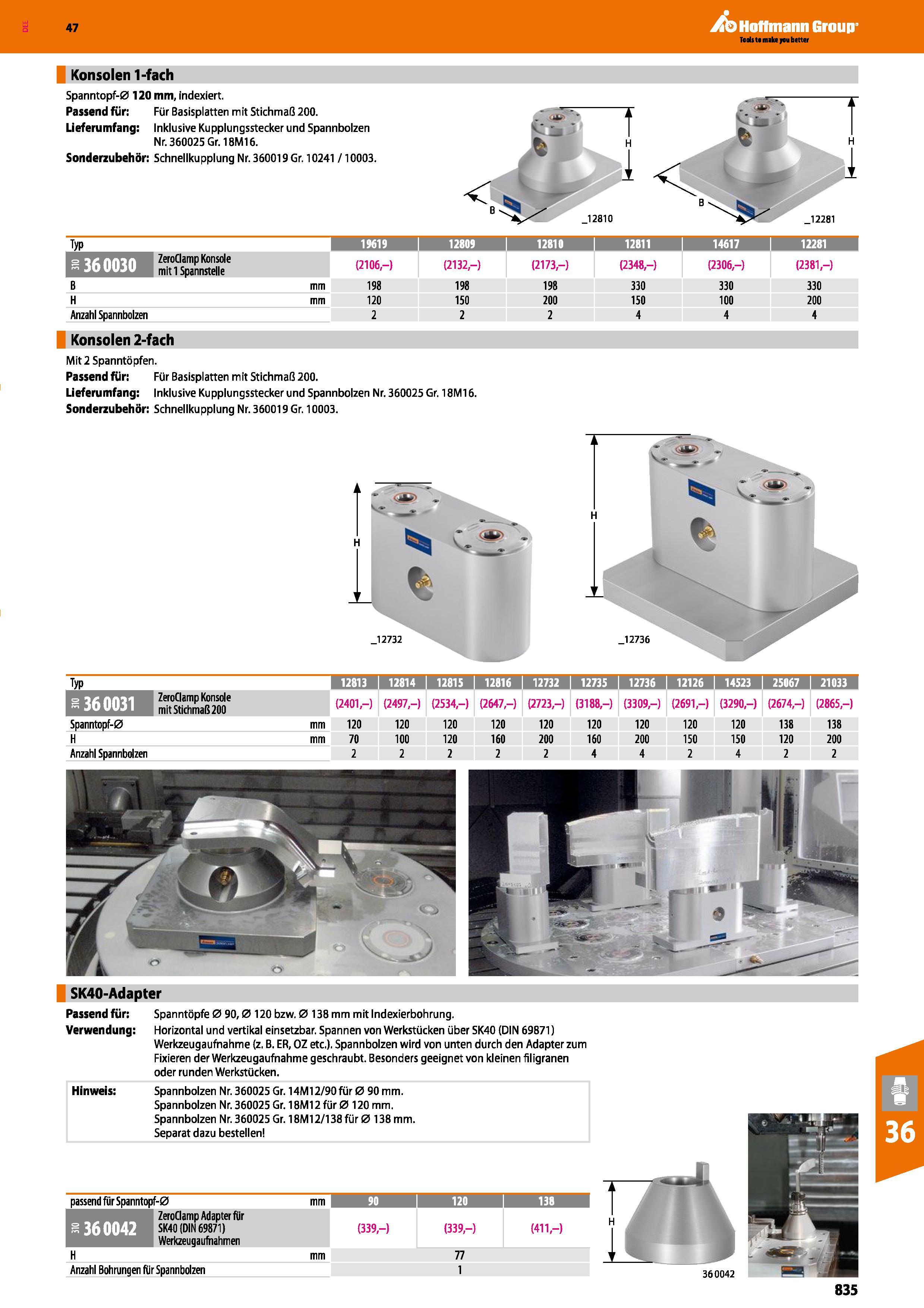 835 Konsolen 1-fach Spanntopf-0 120 mm, indexiert Passend für Für Basisplatten mit Stichmaß 200 Lieferumfang Inklusive Kupplungsstecker und Spannbolz Каталог HOFFMANN GROUP 2016 Режущий инструмент и инструментальная оснастка для металлообрабатывающего промышленного оборудования 47 версия издания Стр. 835 DEU
