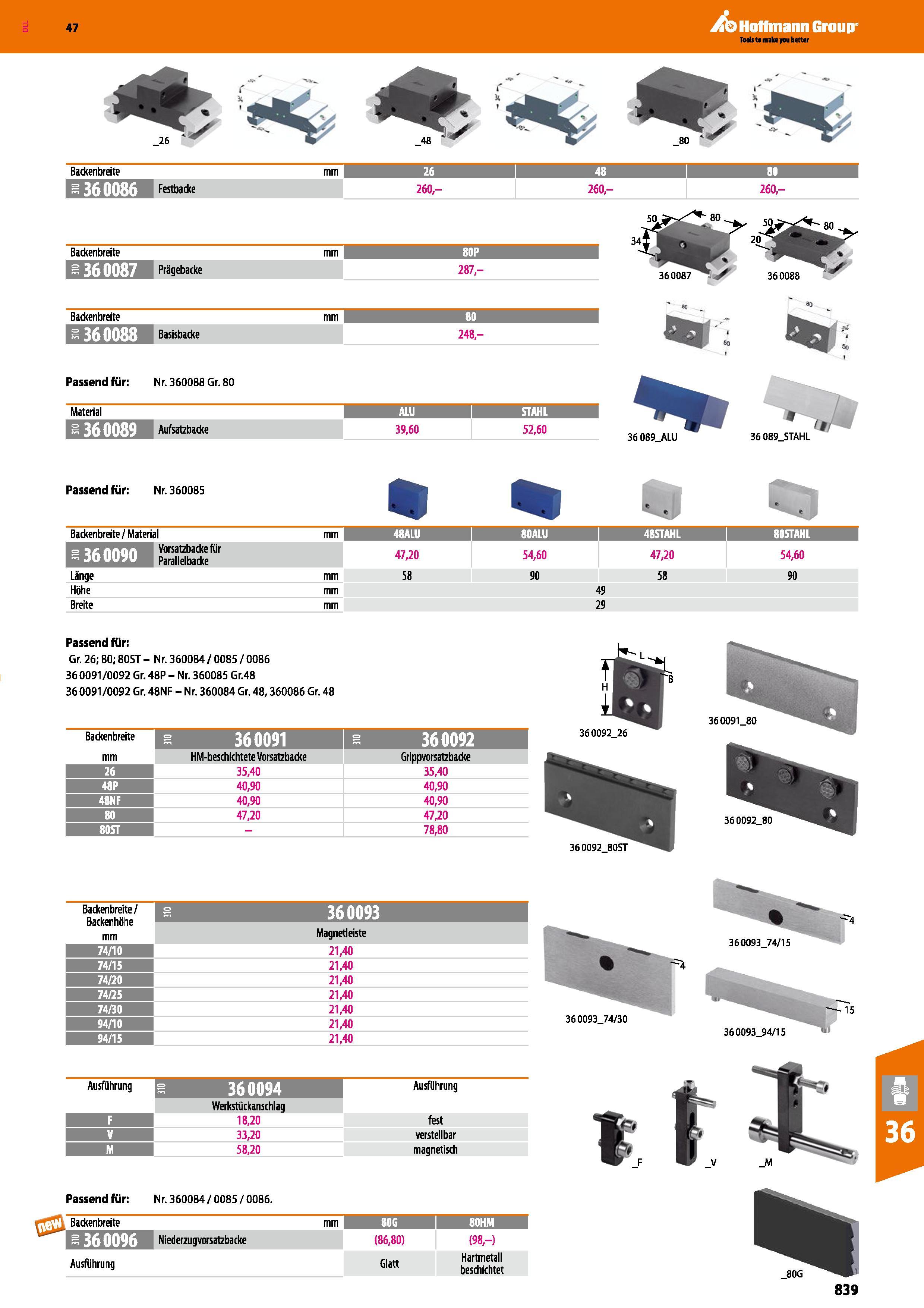 839 Katalog 47 Hoffmann Group Backenbreite mm 26 1 48 80 j -360086 260,- 260,- 260,- Backenbreite mm 80P -360087 Prägebacke 287,- Backenbreite mm 80 Каталог HOFFMANN GROUP 2016 Режущий инструмент и инструментальная оснастка для металлообрабатывающего промышленного оборудования 47 версия издания Стр. 839 DEU