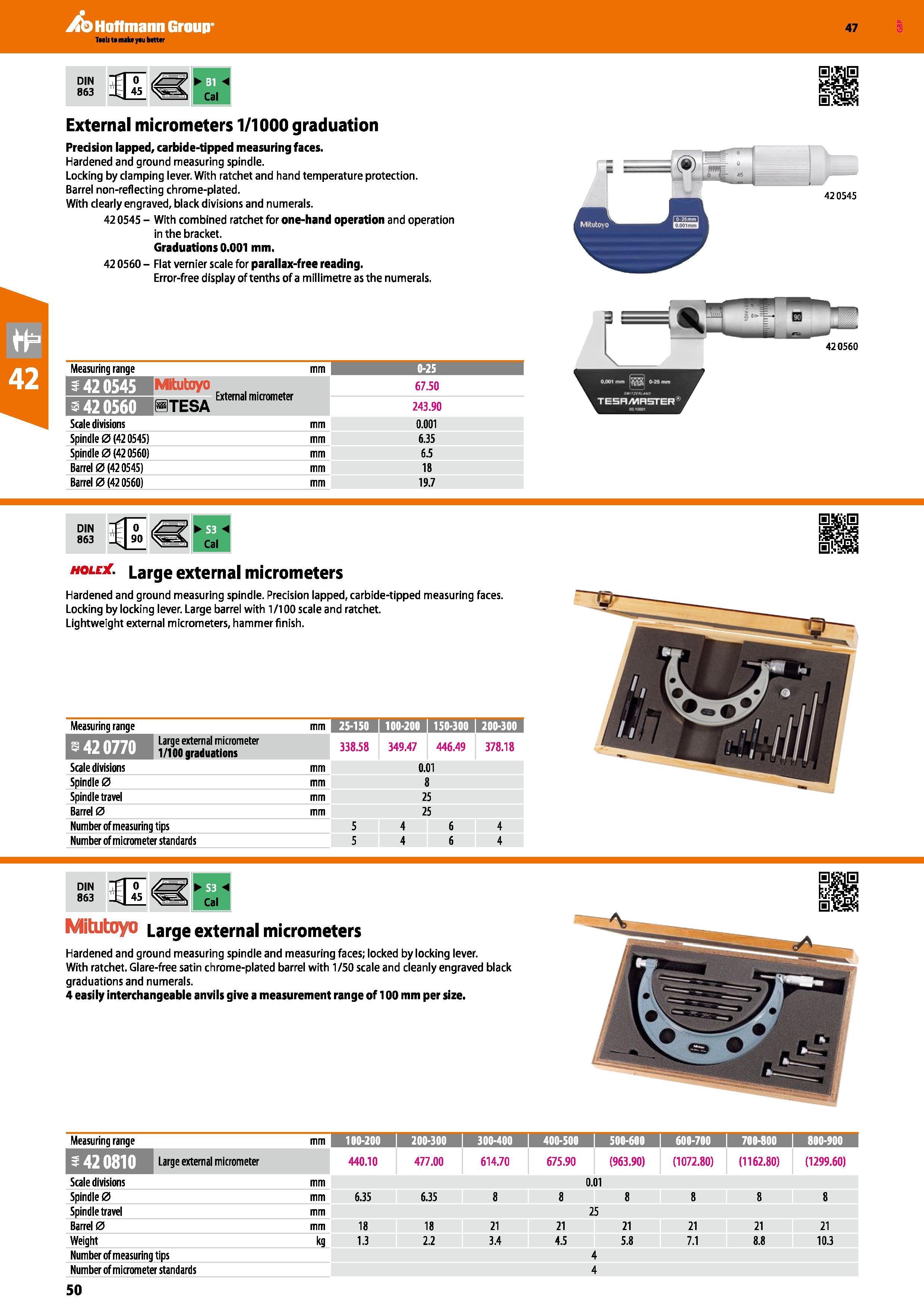 50 Hoffmann Group 47 DIN 863 RU Cal External micrometers 1/1000 graduation Precision lapped, carbide-tipped measuring faces Hardened and ground meas Каталог HOFFMANN GROUP 2016 Ручной слесарно-монтажный и измерительный инструмент и оборудование от комплексного поставщика промышленных предприятий Вер. 47 Англ. Стр. 50