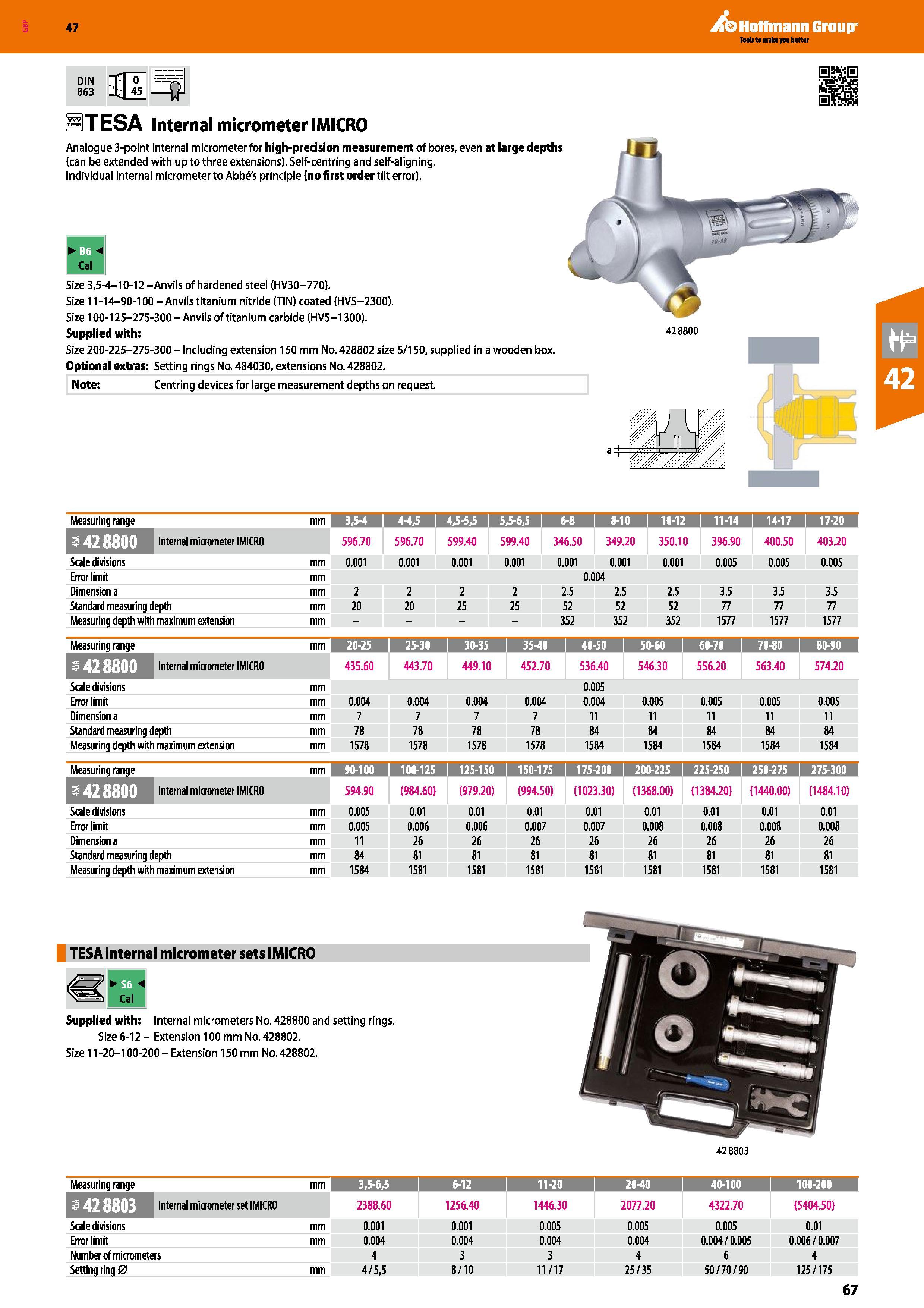 67 Hoffmann Group 47 DIN 863 STESA Internal micrometer IMICRO Analogue 3-point internal micrometer for high-precision measurement of bores, even at Каталог HOFFMANN GROUP 2016 Ручной слесарно-монтажный и измерительный инструмент и оборудование от комплексного поставщика промышленных предприятий Вер. 47 Англ. Стр. 67