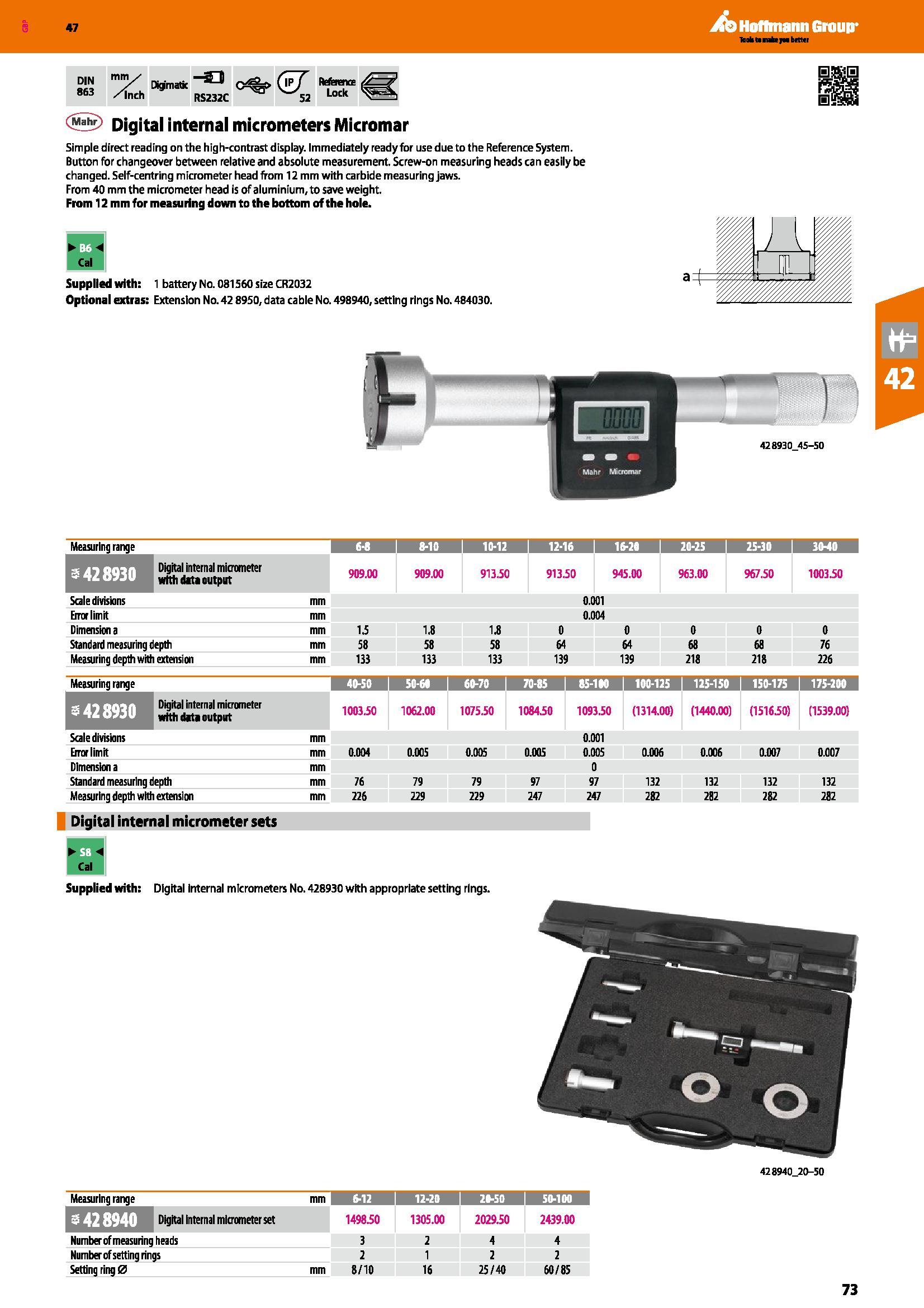 73 Mal5 Digital internal micrometers Micromar Simple direct reading on the high-contrast display Immediately ready for use due to the Reference Syst Каталог HOFFMANN GROUP 2016 Ручной слесарно-монтажный и измерительный инструмент и оборудование от комплексного поставщика промышленных предприятий Вер. 47 Англ. Стр. 73