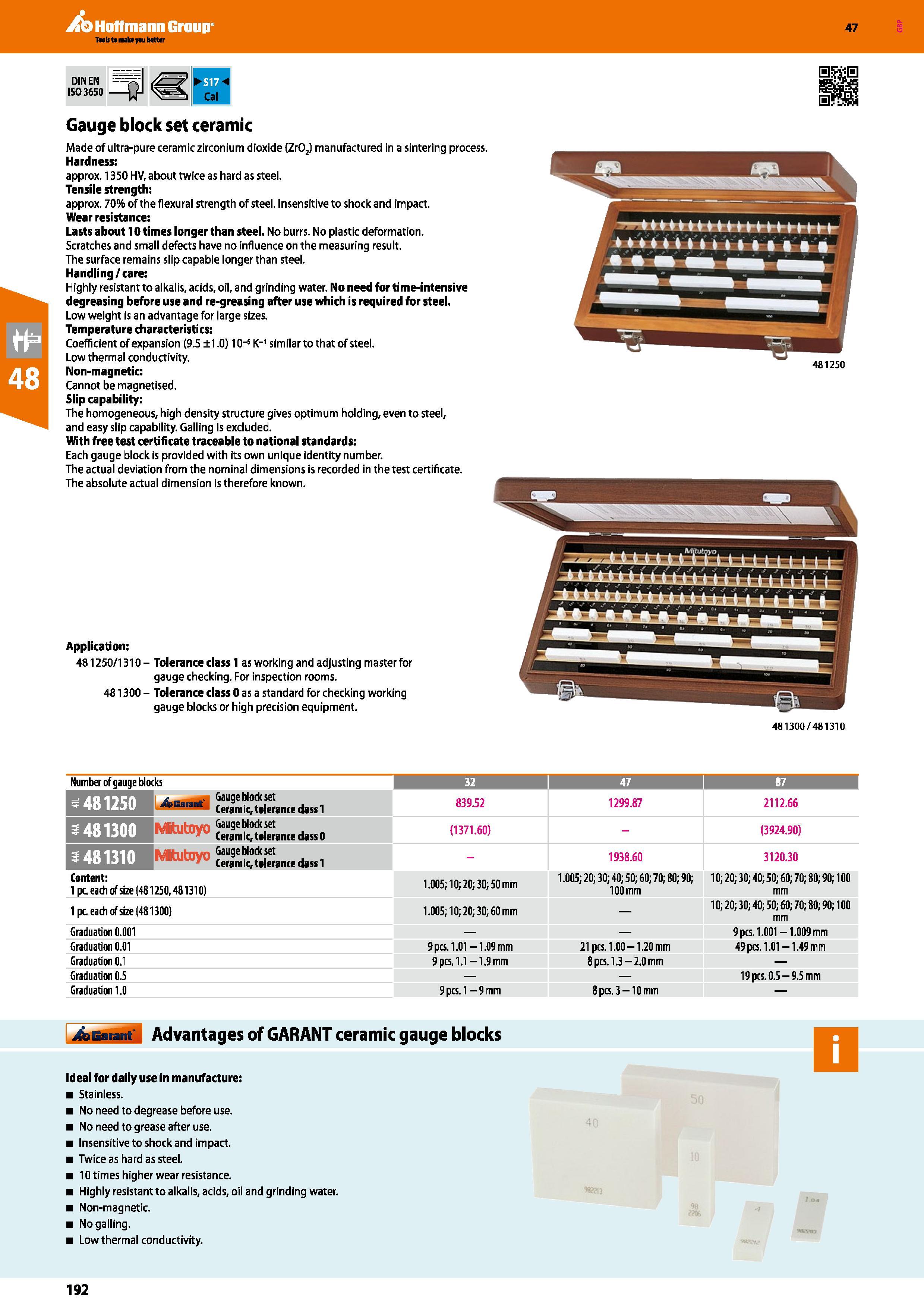 192 Hoffmann Group 47 Gauge block set ceramic Made of ultra-pure ceramic zirconium dioxide (Zr02) manufactured in a sintering process Hardness: appro Каталог HOFFMANN GROUP 2016 Ручной слесарно-монтажный и измерительный инструмент и оборудование от комплексного поставщика промышленных предприятий Вер. 47 Англ. Стр. 192