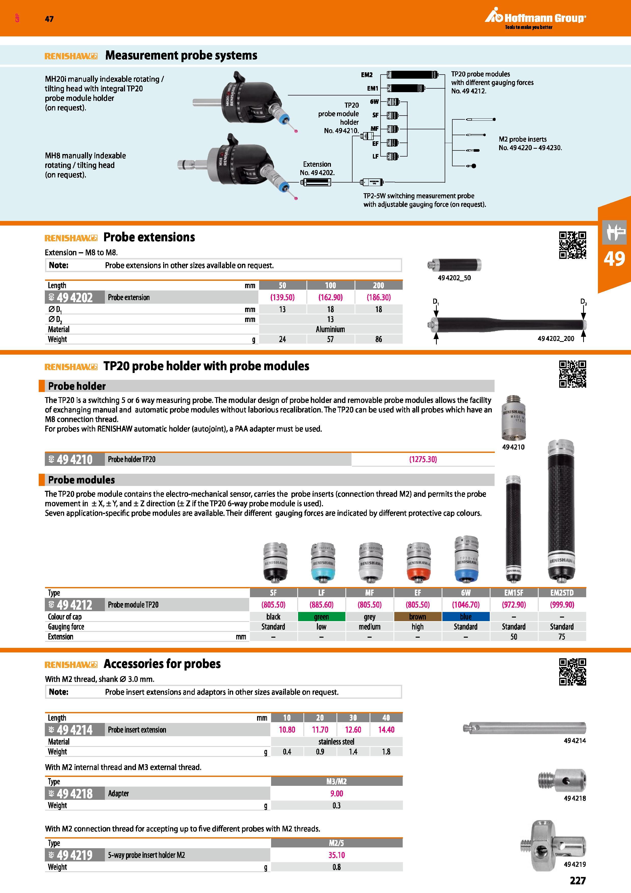 227 Hoffmann Group 47 Measurement probe systems MH20i manually indexable rotating / tilting head with integral TP20 probe module holder (on request) Каталог HOFFMANN GROUP 2016 Ручной слесарно-монтажный и измерительный инструмент и оборудование от комплексного поставщика промышленных предприятий Вер. 47 Англ. Стр. 227