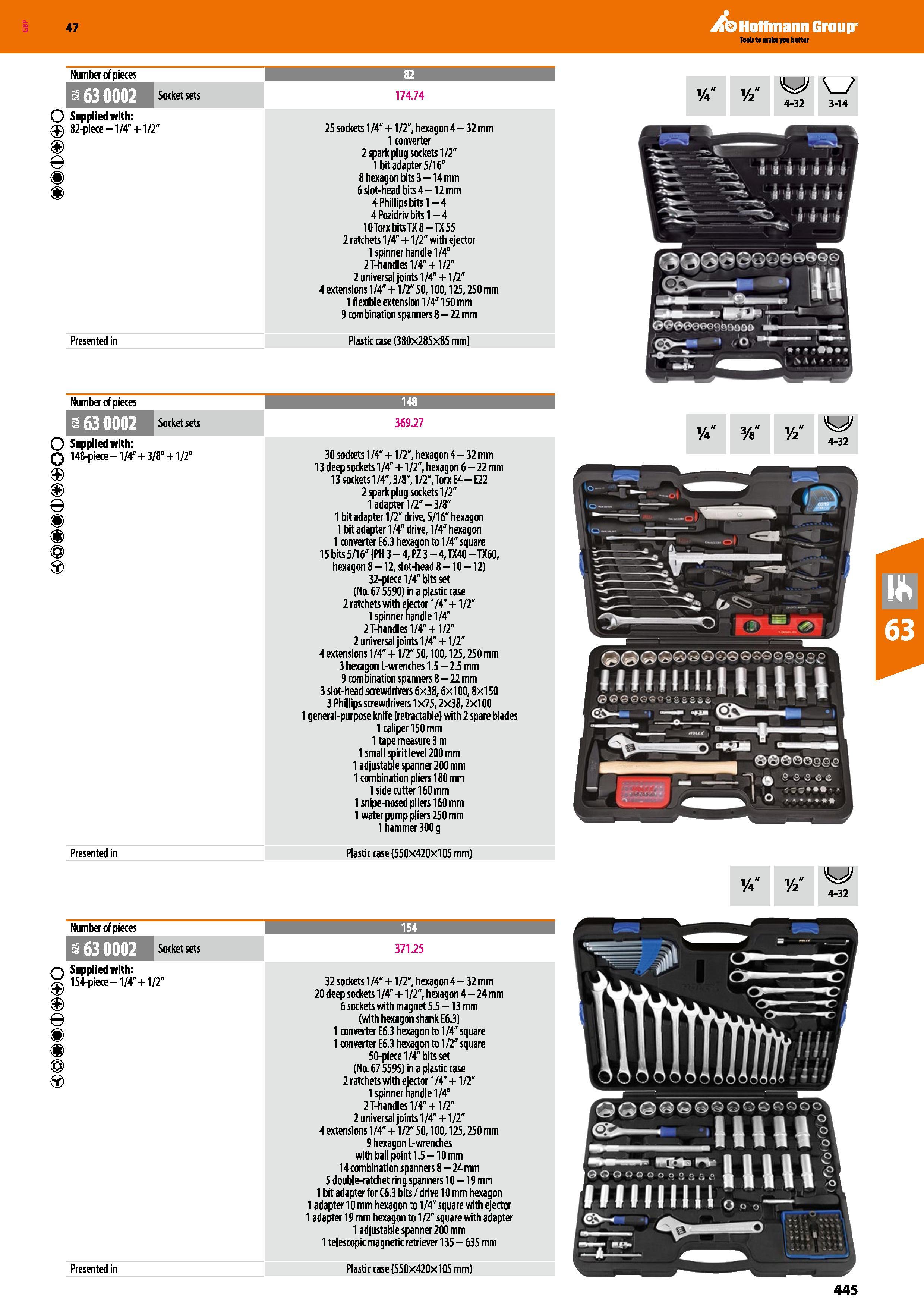 445 Hoffmann Group 47 Tools to make you better Number of pieces 163 0002 Socket sets O Supplied with: 0 82-piece -1/4 +1/2 e < > 174 74 25 sockets 1 Каталог HOFFMANN GROUP 2016 Ручной слесарно-монтажный и измерительный инструмент и оборудование от комплексного поставщика промышленных предприятий Вер. 47 Англ. Стр. 445