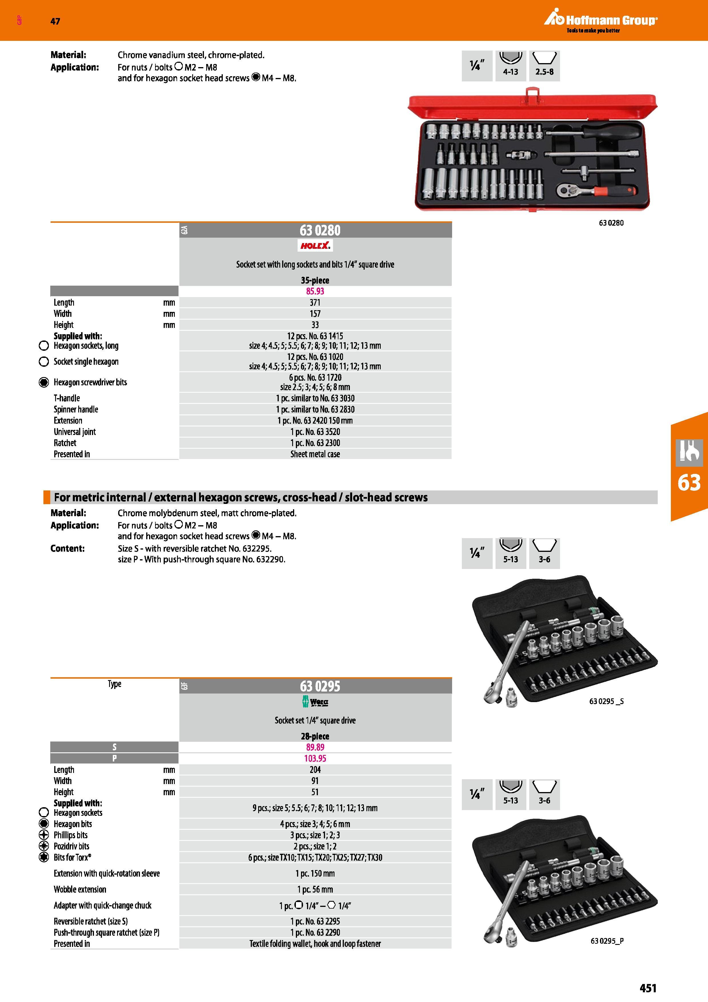 451 Hoffmann Group 47 Material: Chrome vanadium steel, chrome-plated Application: For nuts / bolts O M2 - M8 and for hexagon socket head screws M4 - Каталог HOFFMANN GROUP 2016 Ручной слесарно-монтажный и измерительный инструмент и оборудование от комплексного поставщика промышленных предприятий Вер. 47 Англ. Стр. 451