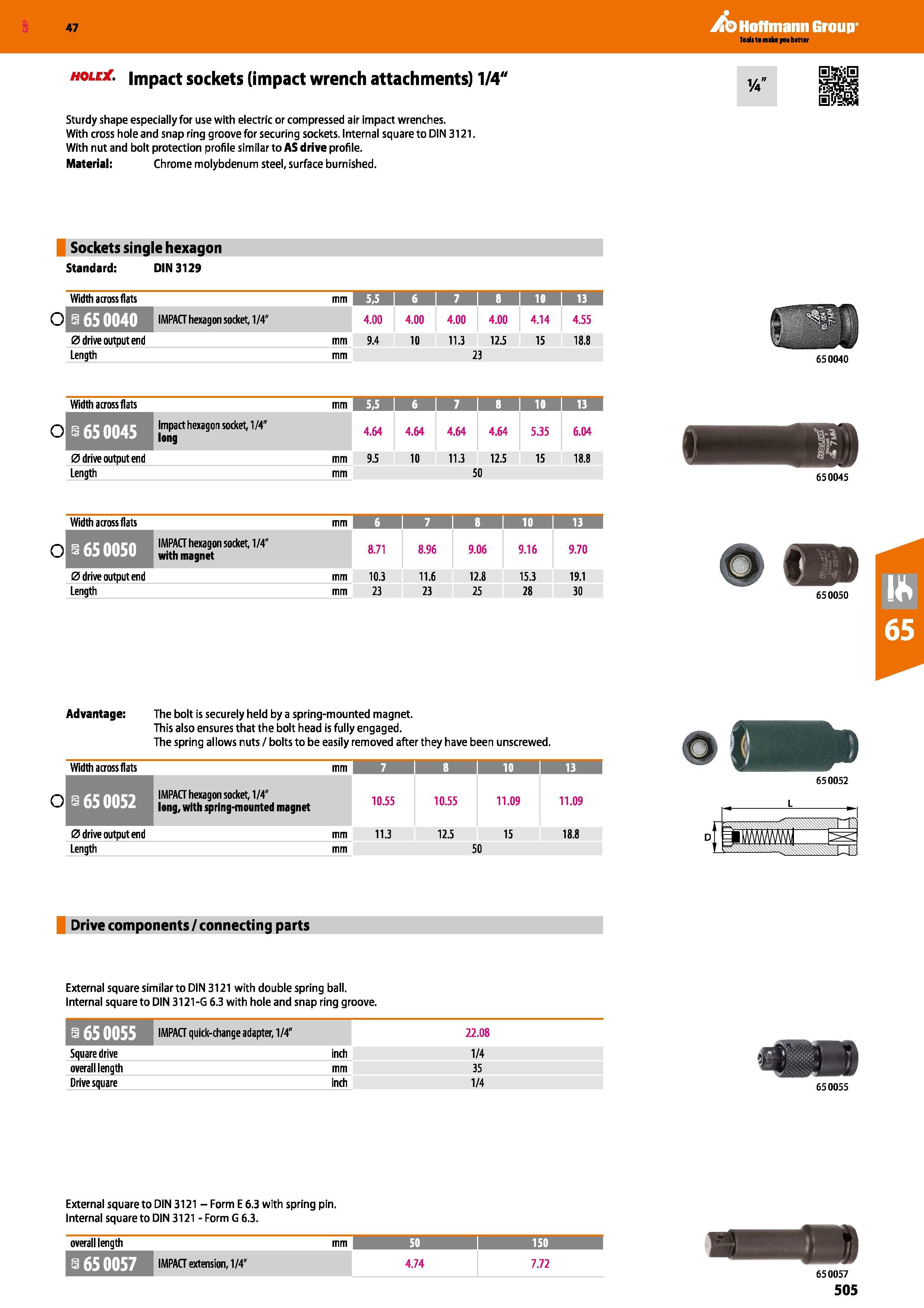 505 hole , impact sockets (impact wrench attachments) 1/4 Sturdy shape especially for use with electric or compressed air impact wrenches With cross Каталог HOFFMANN GROUP 2016 Ручной слесарно-монтажный и измерительный инструмент и оборудование от комплексного поставщика промышленных предприятий Вер. 47 Англ. Стр. 505