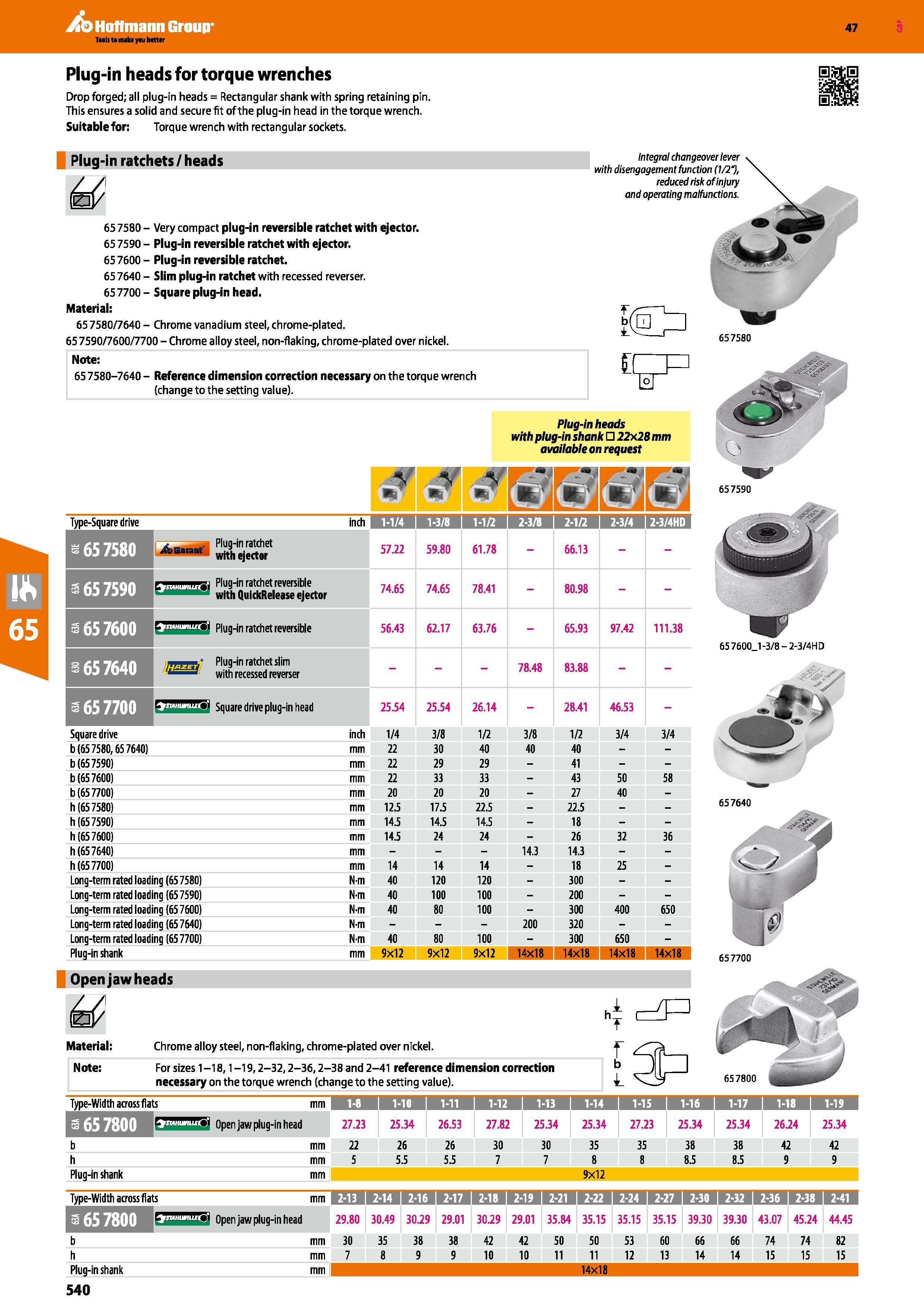 540 Hoffmann Group 47 Plug-in heads for torque wrenches Drop forged; all plug-in heads = Rectangular shank with spring retaining pin This ensures a s Каталог HOFFMANN GROUP 2016 Ручной слесарно-монтажный и измерительный инструмент и оборудование от комплексного поставщика промышленных предприятий Вер. 47 Англ. Стр. 540