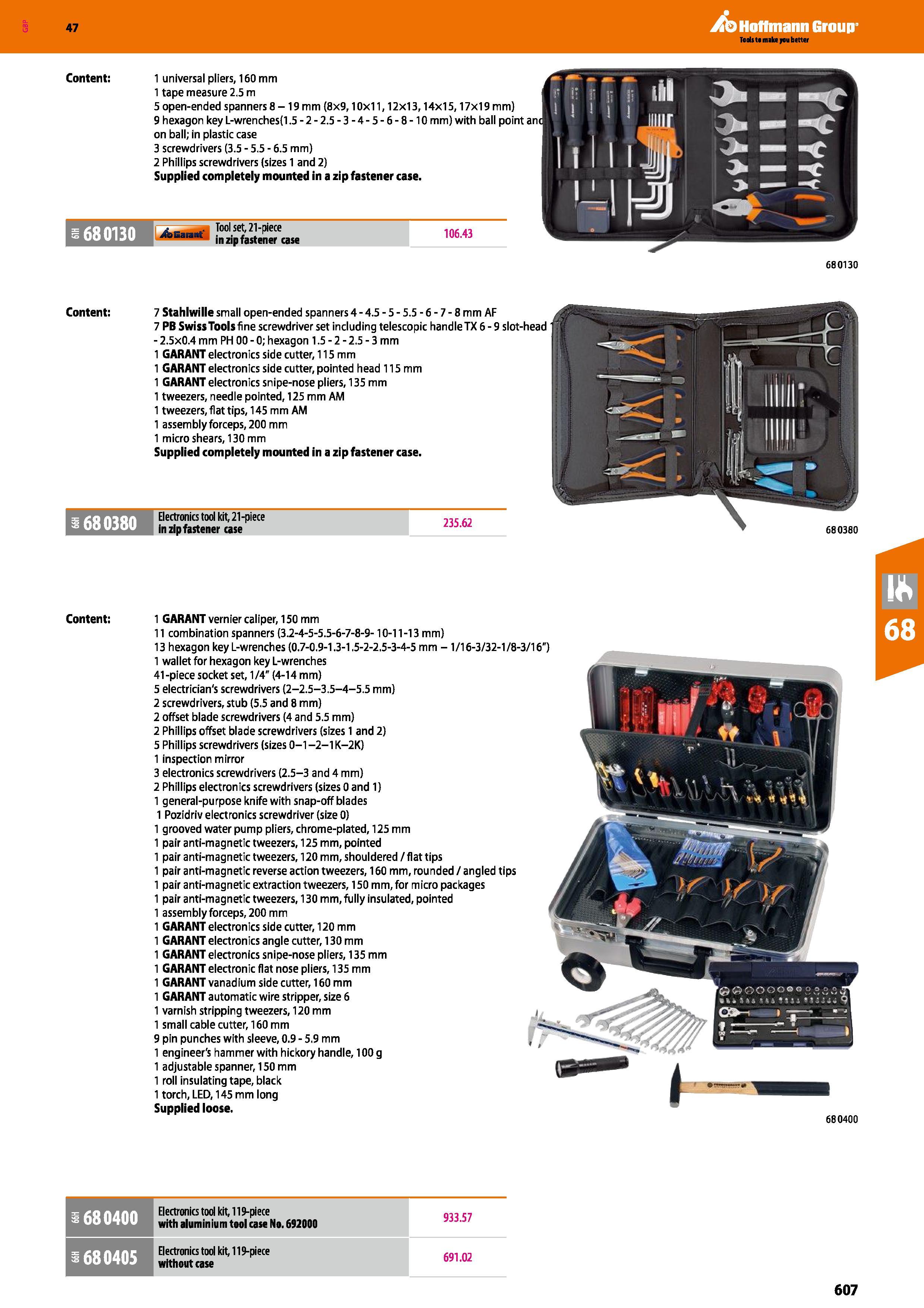 607 Hoffmann Group 47 Content: 1 universal pliers, 160 mm 1 tape measure 2 5 m 5 open-ended spanners 8 -19 mm (8x9,10x11,12x13,14x15,17x19 mm) 9 hexa Каталог HOFFMANN GROUP 2016 Ручной слесарно-монтажный и измерительный инструмент и оборудование от комплексного поставщика промышленных предприятий Вер. 47 Англ. Стр. 607