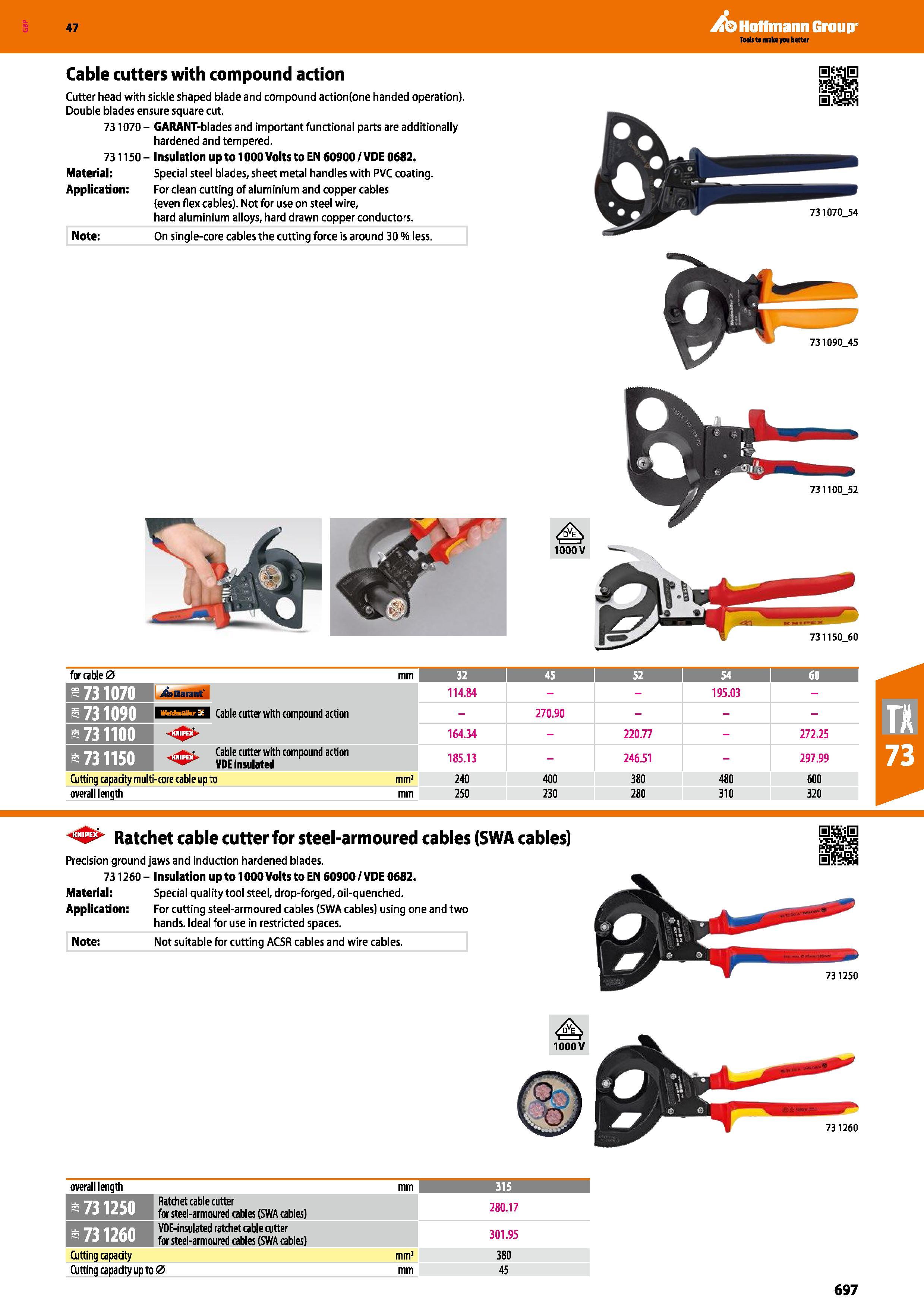 697 Hoffmann Group 47 Cable cutters with compound action Cutter head with sickle shaped blade and compound action(one handed operation) Double blades Каталог HOFFMANN GROUP 2016 Ручной слесарно-монтажный и измерительный инструмент и оборудование от комплексного поставщика промышленных предприятий Вер. 47 Англ. Стр. 697