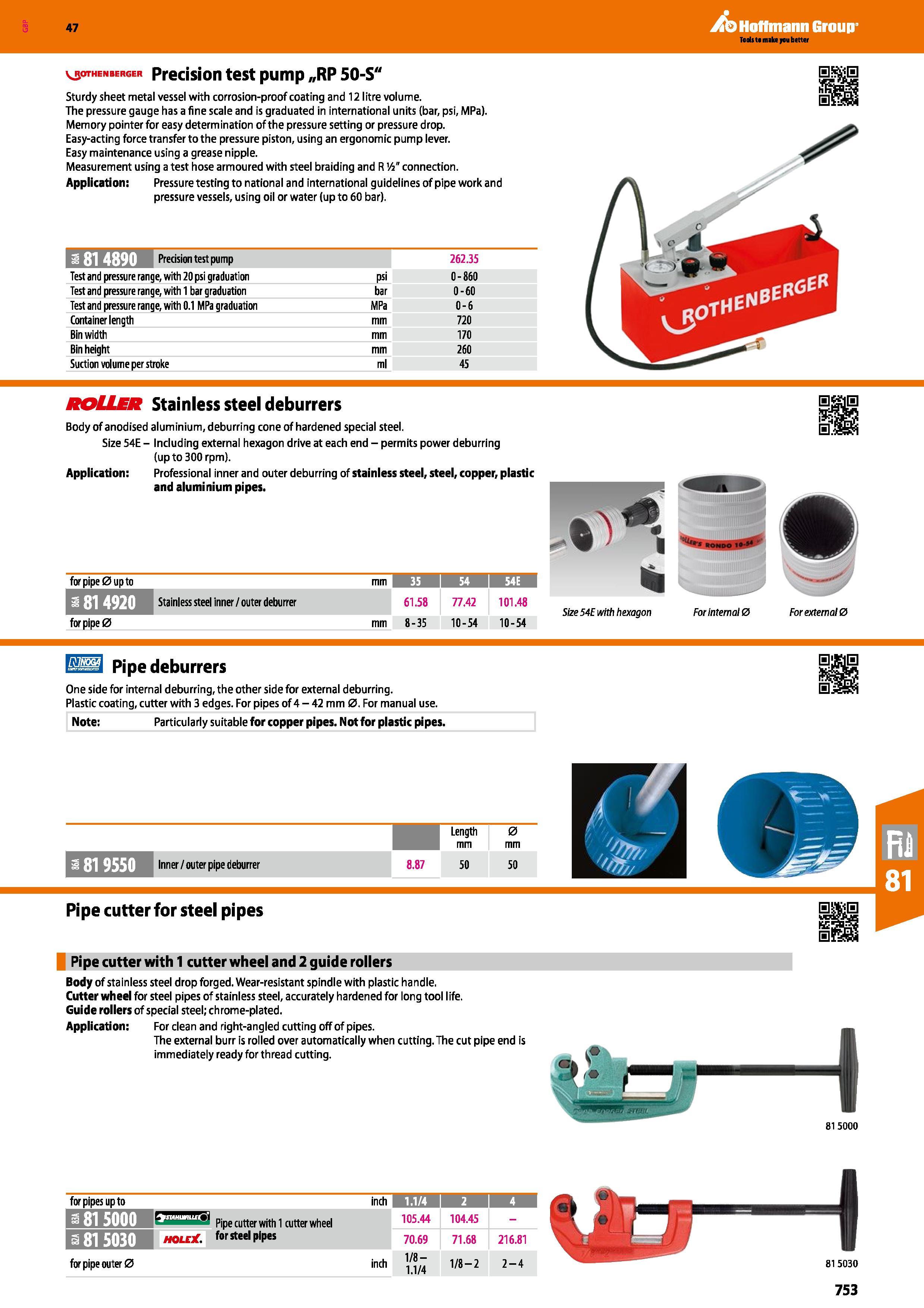 753 47 vjothemberger Precision test pump „RP 50-S Sturdy sheet metal vessel with corrosion-proof coating and 12 litre volume The pressure gauge has a Каталог HOFFMANN GROUP 2016 Ручной слесарно-монтажный и измерительный инструмент и оборудование от комплексного поставщика промышленных предприятий Вер. 47 Англ. Стр. 753