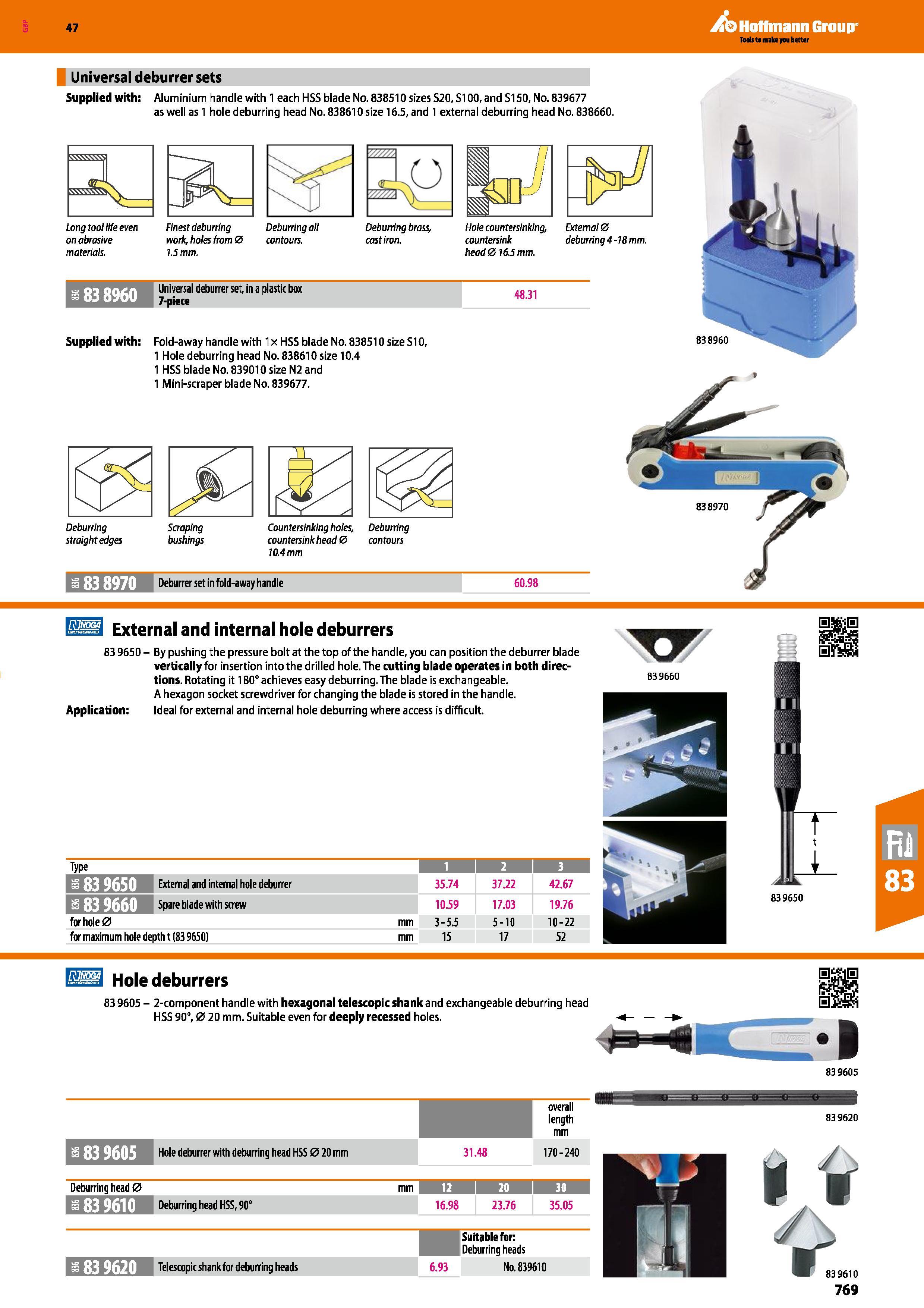769 Hoffmann Group 47 Universal deburrer sets Supplied with: Aluminium handle with 1 each MSS blade No 838510sizesS20,S100,and S1S0, No 839677 as wel Каталог HOFFMANN GROUP 2016 Ручной слесарно-монтажный и измерительный инструмент и оборудование от комплексного поставщика промышленных предприятий Вер. 47 Англ. Стр. 769