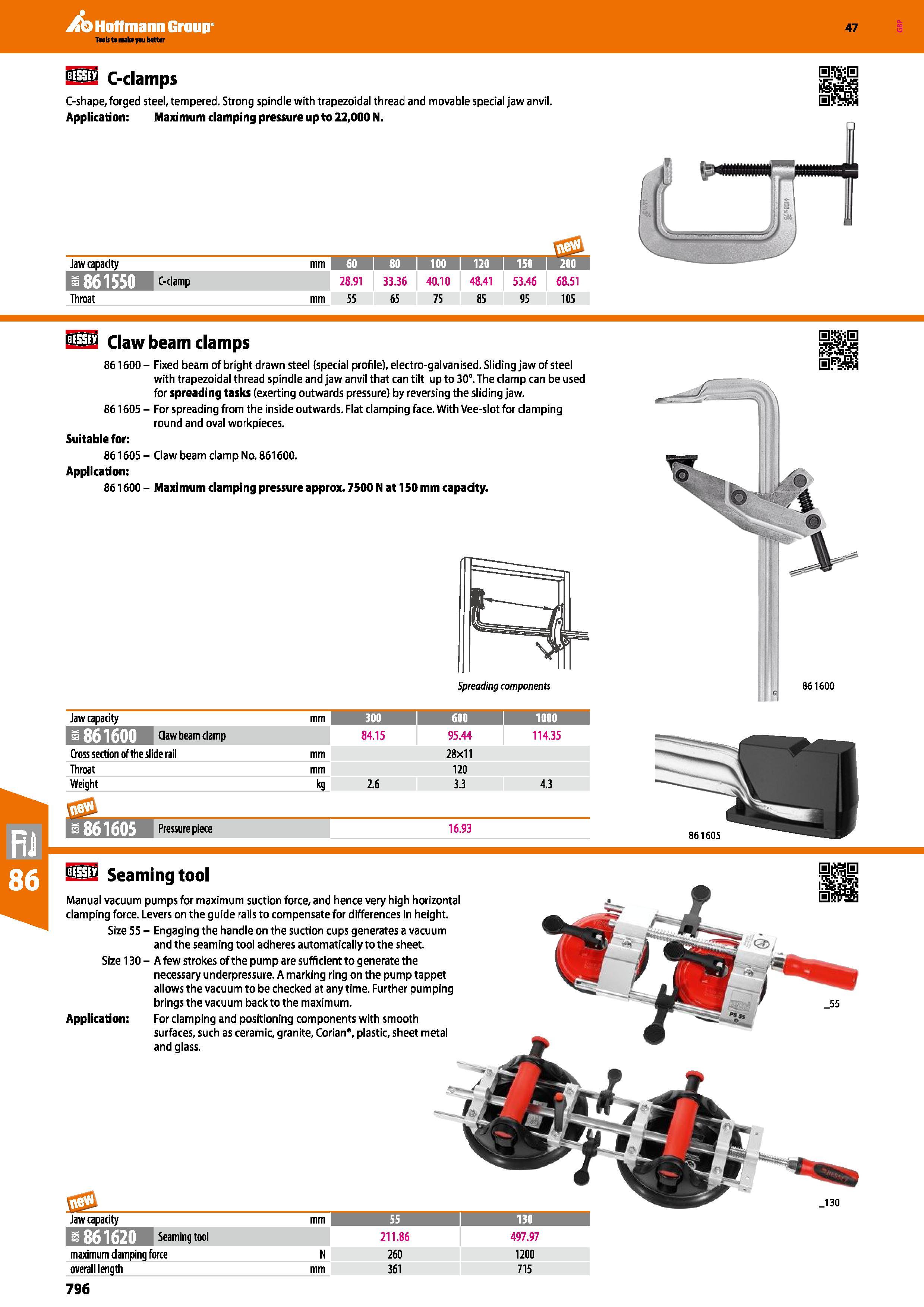 796 Hoffmann Group 47 122 C-damps C-shape, forged steel, tempered Strong spindle with trapezoidal thread and movable special jaw anvil Application: M Каталог HOFFMANN GROUP 2016 Ручной слесарно-монтажный и измерительный инструмент и оборудование от комплексного поставщика промышленных предприятий Вер. 47 Англ. Стр. 796