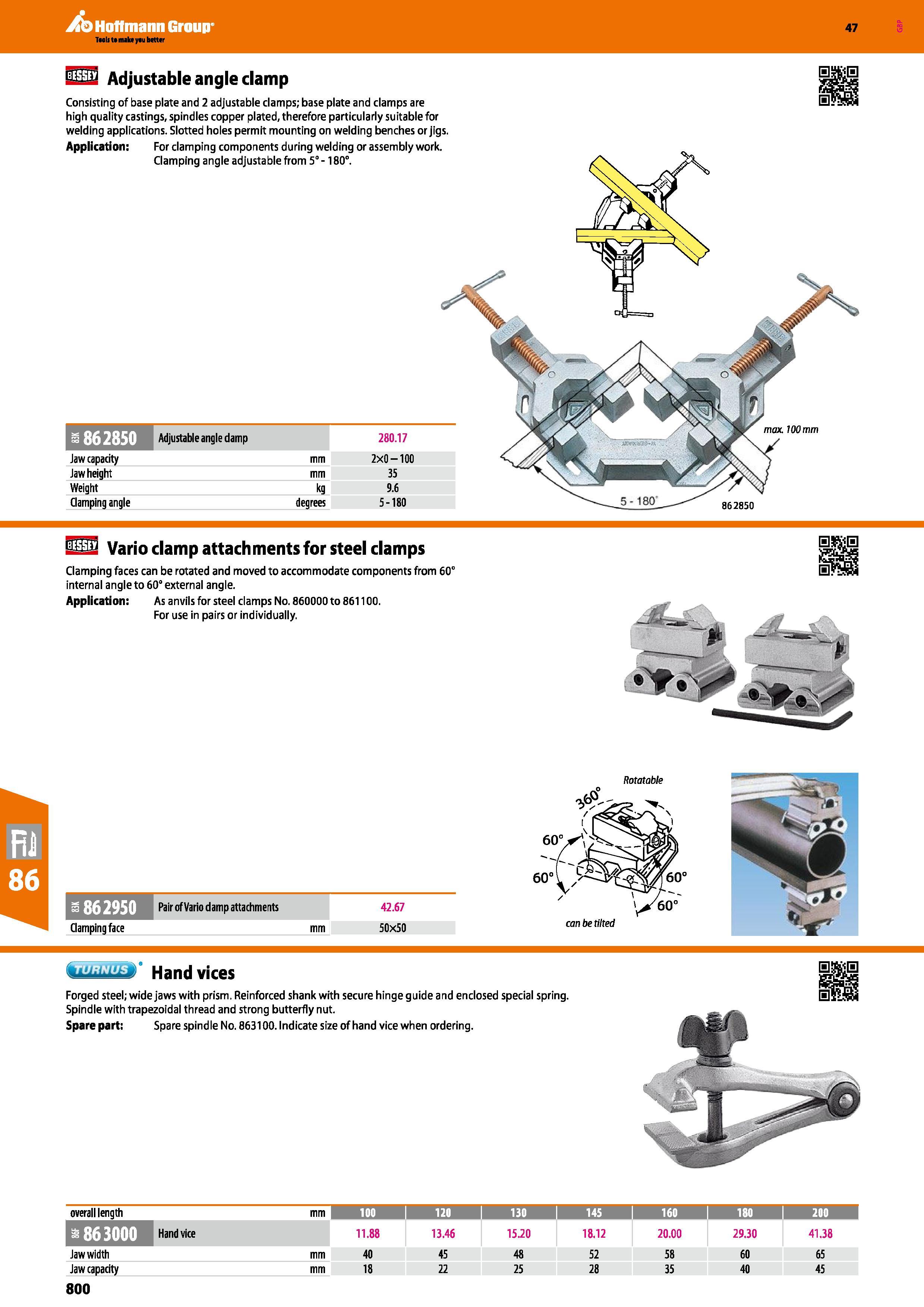 800 i 862850 Jaw capacity Jaw height Weight Clamping angle USD Vario clamp attachments for steel clamps Clamping faces can be rotated and moved to ac Каталог HOFFMANN GROUP 2016 Ручной слесарно-монтажный и измерительный инструмент и оборудование от комплексного поставщика промышленных предприятий Вер. 47 Англ. Стр. 800