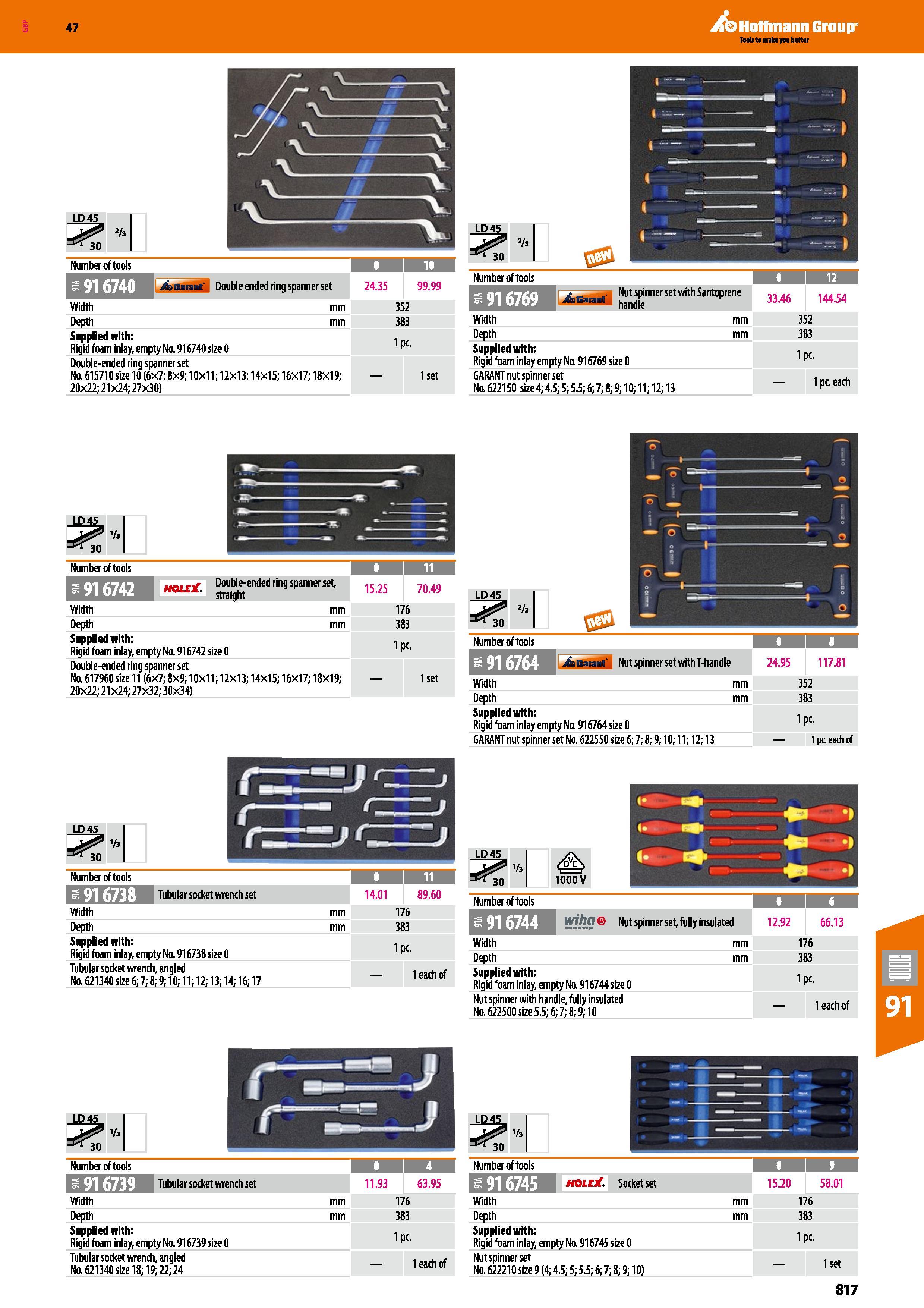 817 Number of tools 0 10 s 916740 j&Gaiant Double ended rinq spanner set 24 35 99 99 Width mm 352 Depth mm 383 Supplied with: Rigid foam inlay, empty Каталог HOFFMANN GROUP 2016 Ручной слесарно-монтажный и измерительный инструмент и оборудование от комплексного поставщика промышленных предприятий Вер. 47 Англ. Стр. 817