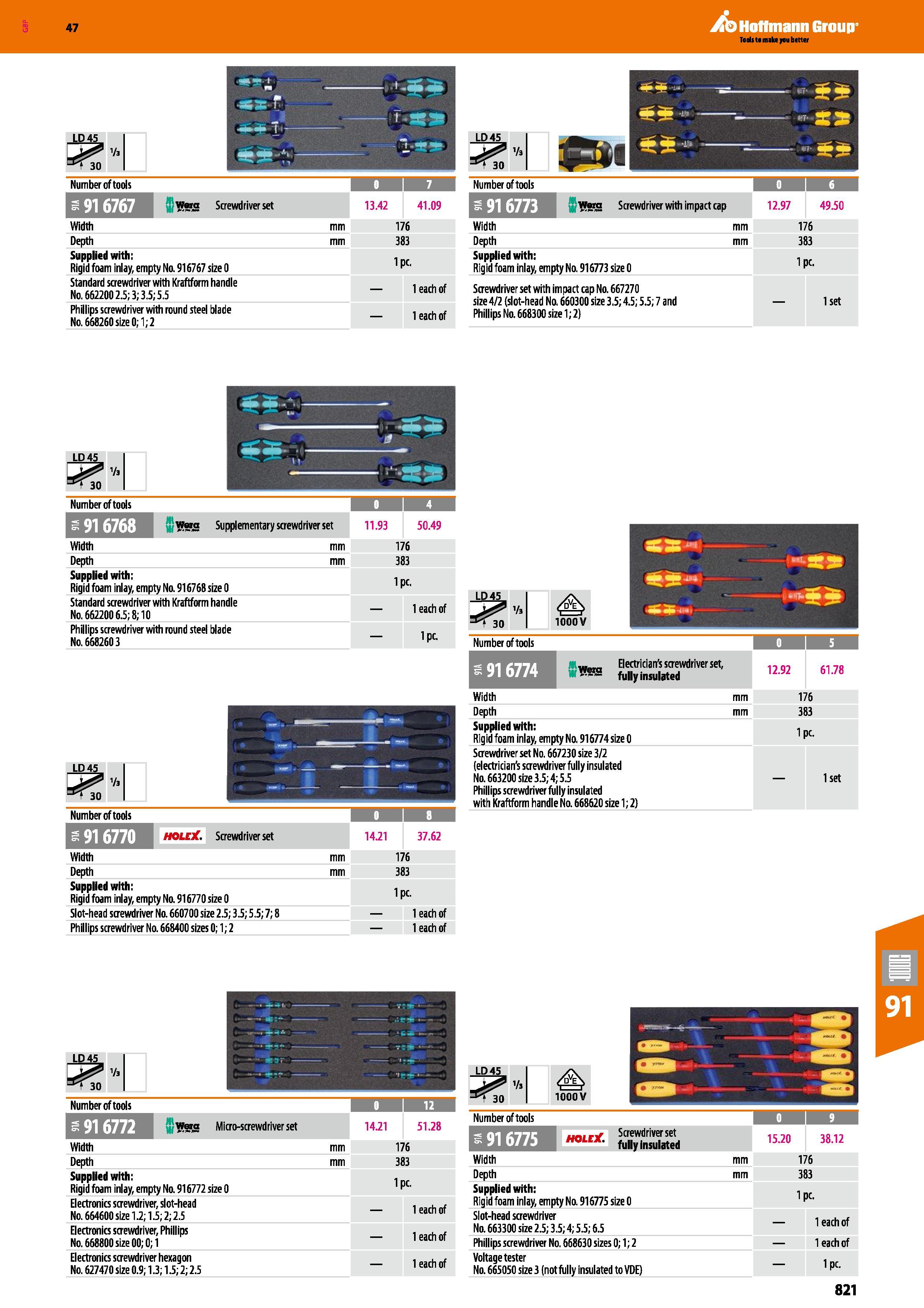 821 Hoffmann Group 47 Number of tools 916767 Wgra Screwdriver set Width Depth Supplied with: Rigid foam inlay, empty Na 916767 size 0 Standard screwd Каталог HOFFMANN GROUP 2016 Ручной слесарно-монтажный и измерительный инструмент и оборудование от комплексного поставщика промышленных предприятий Вер. 47 Англ. Стр. 821
