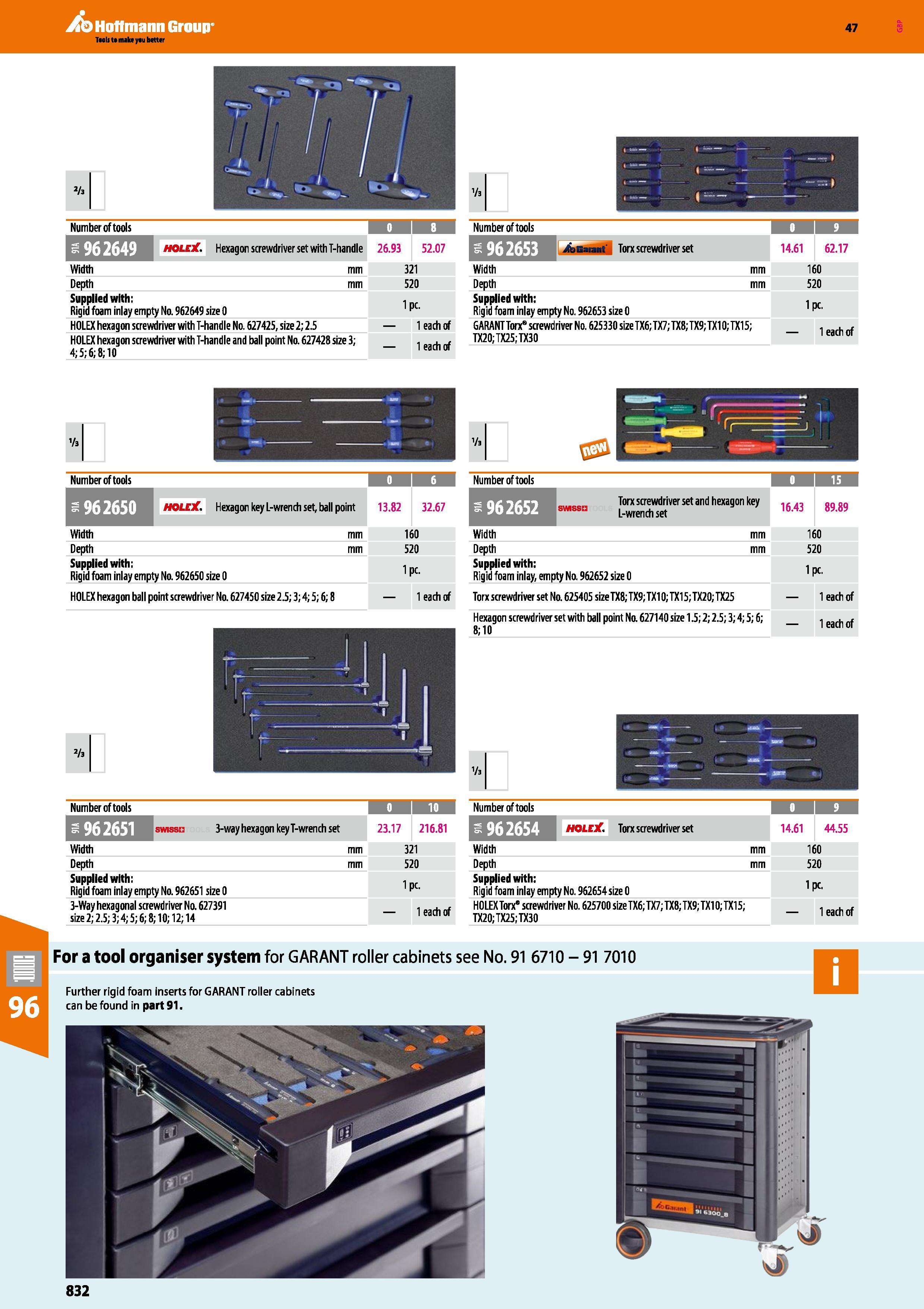 832 Hoffmann Group 47 2k I Va Number of tods Number of tools in holeX Hexagon screwdriver set with T-handle 26 93 52 07 /bGarant Torx screwdriver set Каталог HOFFMANN GROUP 2016 Ручной слесарно-монтажный и измерительный инструмент и оборудование от комплексного поставщика промышленных предприятий Вер. 47 Англ. Стр. 832