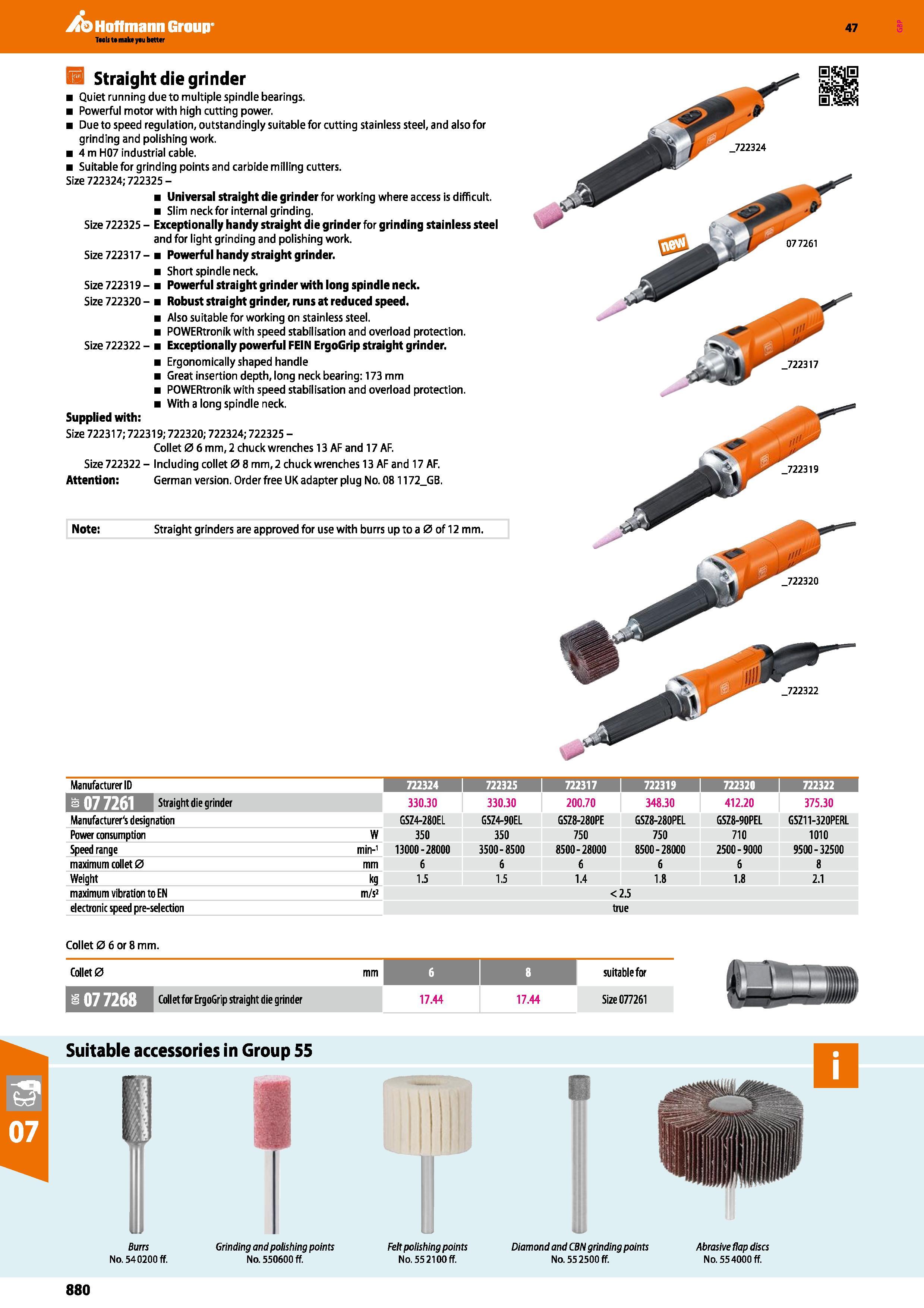 880 H Straight die grinder Quiet running due to multiple spindle bearings Powerful motor with high cutting power Due to speed regulation, outstanding Каталог HOFFMANN GROUP 2016 Ручной слесарно-монтажный и измерительный инструмент и оборудование от комплексного поставщика промышленных предприятий Вер. 47 Англ. Стр. 880