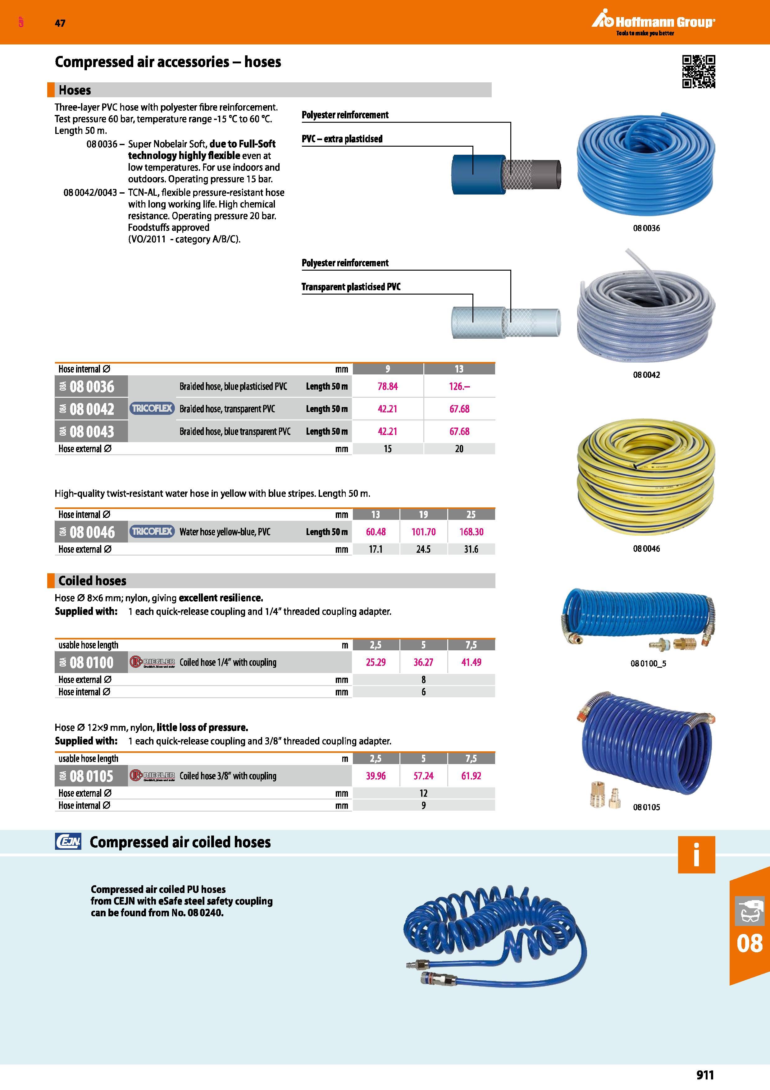 911 Hoffmann Group 47 Compressed air accessories - hoses Hoses Three-layer PVC hose with polyester fibre reinforcement Test pressure 60 bar, temperat Каталог HOFFMANN GROUP 2016 Ручной слесарно-монтажный и измерительный инструмент и оборудование от комплексного поставщика промышленных предприятий Вер. 47 Англ. Стр. 911
