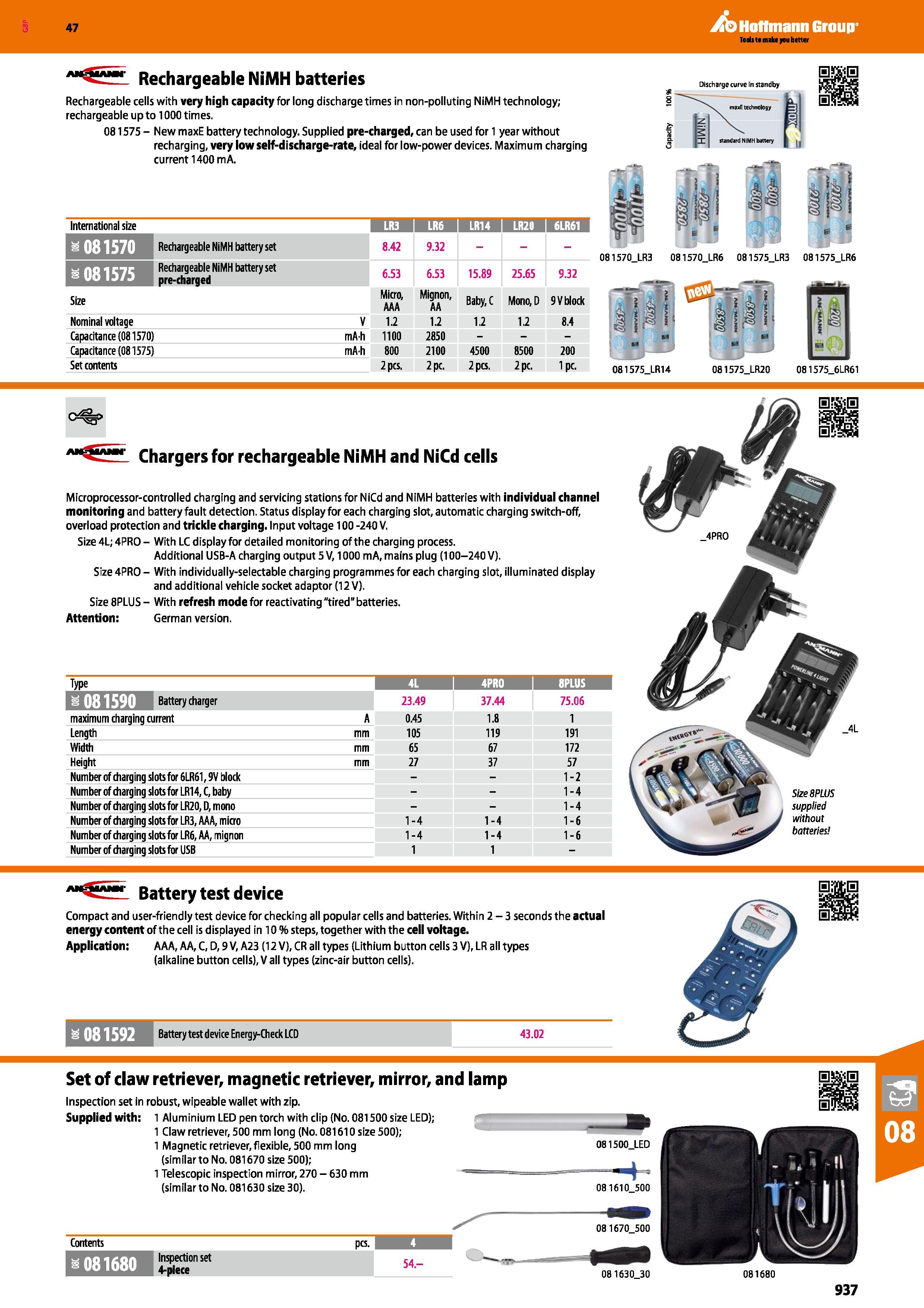 937 Hoffmann Group 47 Rechargeable NiMH batteries Rechargeable cells with very high capacity for long discharge times in non-polluting NiMH technolog Каталог HOFFMANN GROUP 2016 Ручной слесарно-монтажный и измерительный инструмент и оборудование от комплексного поставщика промышленных предприятий Вер. 47 Англ. Стр. 937