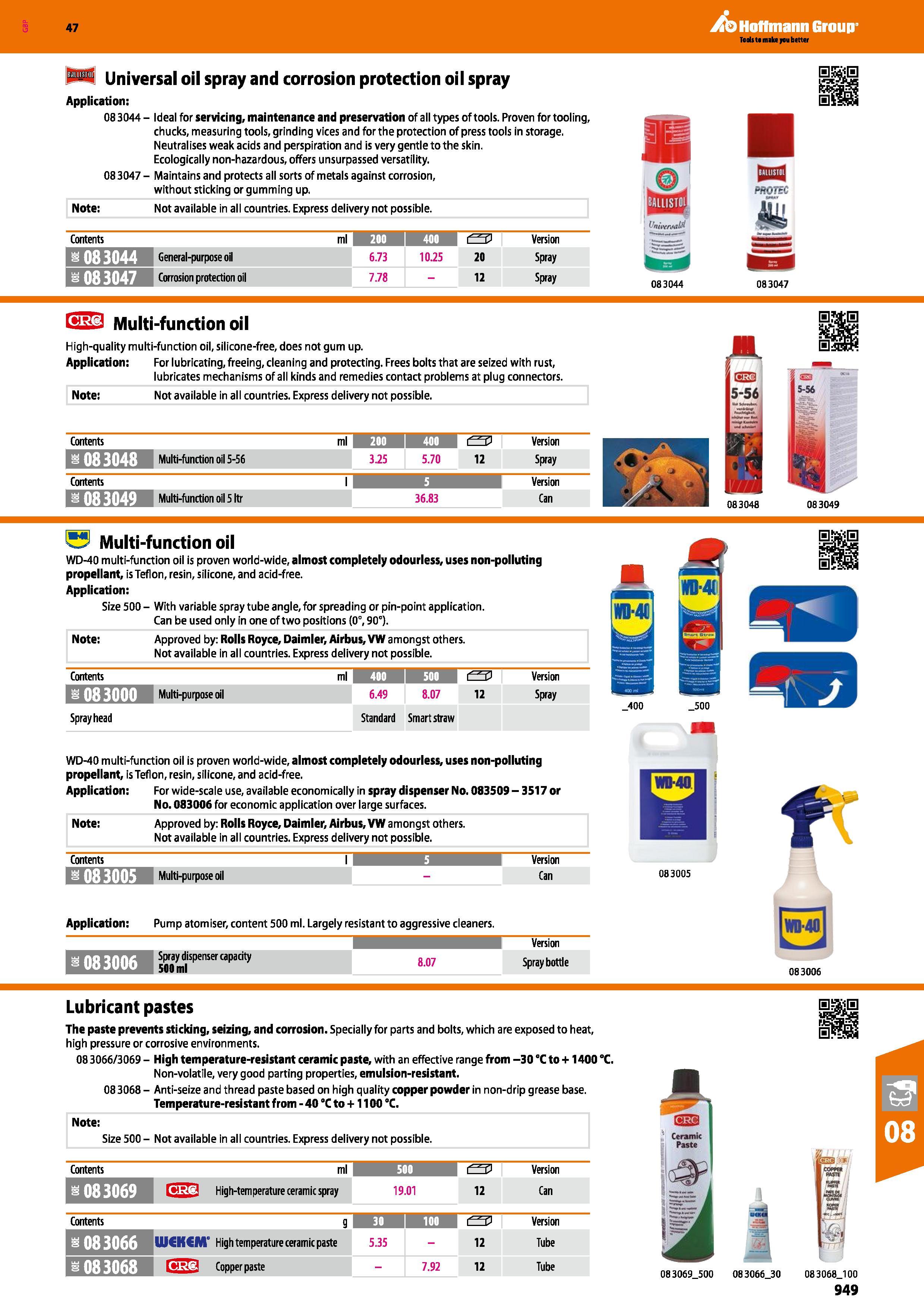 949 Hoffmann Group 47 PB Universal oil spray and corrosion protection oil spray Application: 083044 - Ideal for servicing, maintenance and preservati Каталог HOFFMANN GROUP 2016 Ручной слесарно-монтажный и измерительный инструмент и оборудование от комплексного поставщика промышленных предприятий Вер. 47 Англ. Стр. 949
