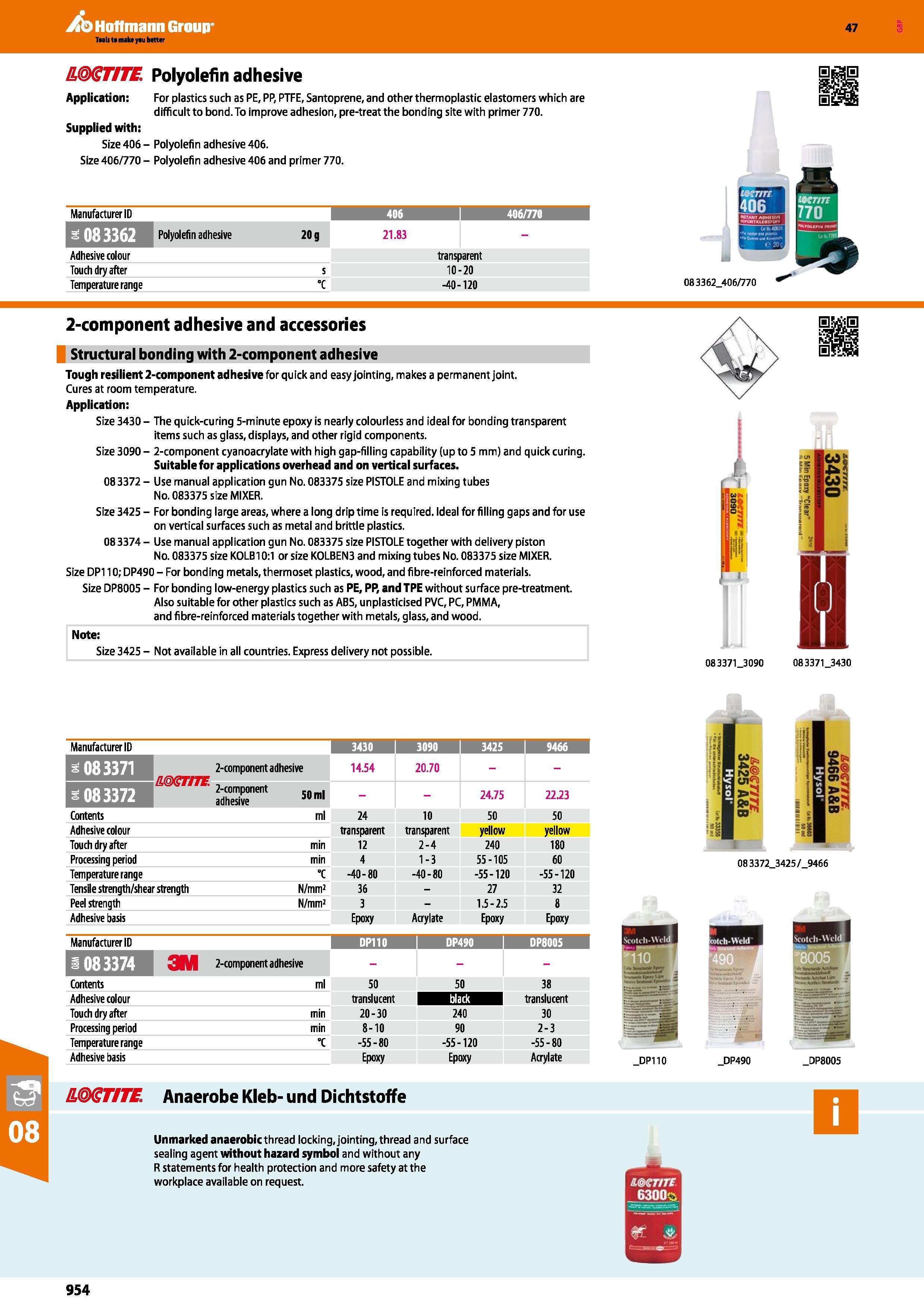 954 & <ST/T£, Polyolefin adhesive Application: For plastics such as PE, PP, PTFE, Santoprene, and other thermoplastic elastomers which are difficult Каталог HOFFMANN GROUP 2016 Ручной слесарно-монтажный и измерительный инструмент и оборудование от комплексного поставщика промышленных предприятий Вер. 47 Англ. Стр. 954