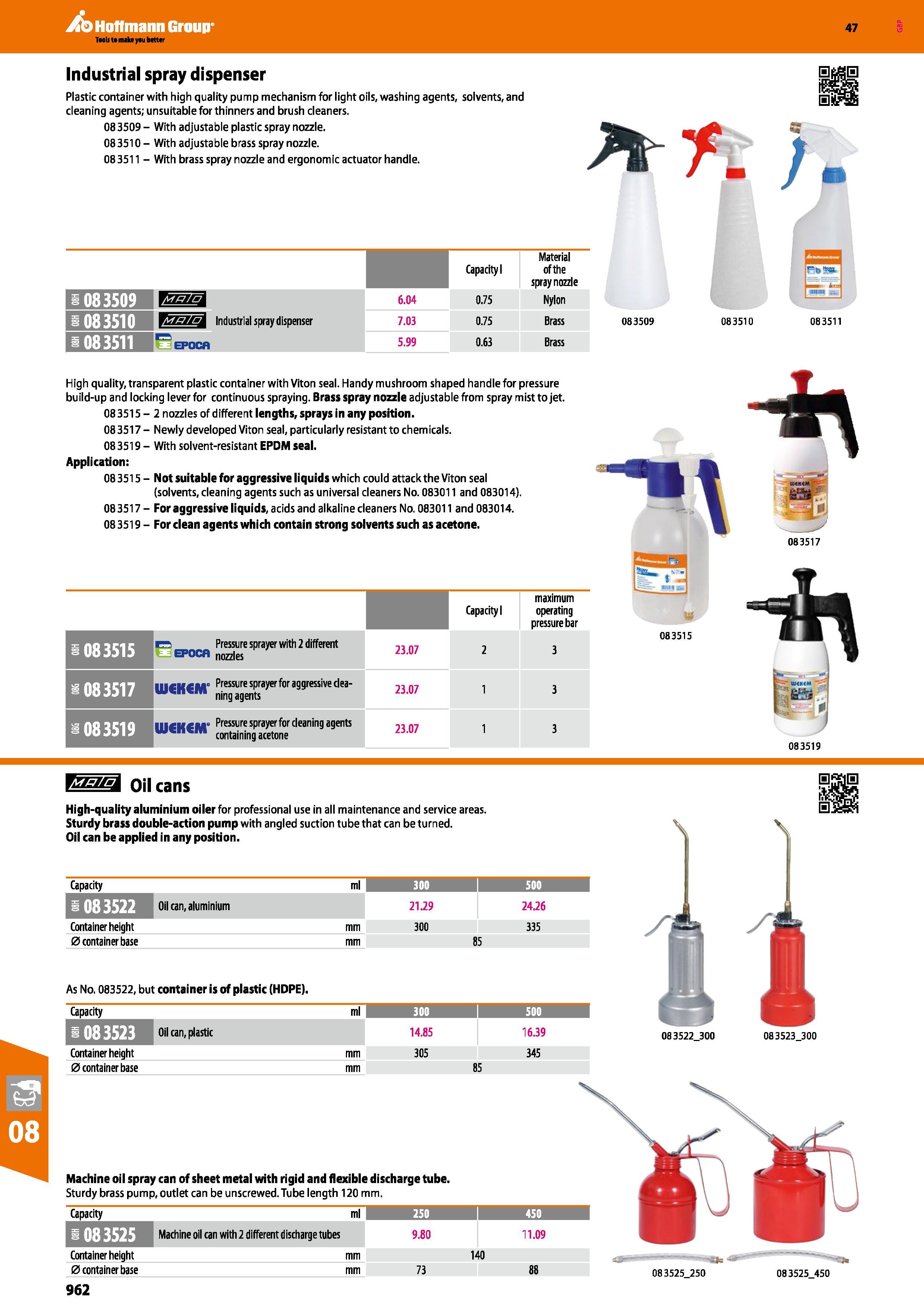 962 Hoffmann Group 47 Industrial spray dispenser Plastic container with high quality pump mechanism for light oils, washing agents, solvents, and cle Каталог HOFFMANN GROUP 2016 Ручной слесарно-монтажный и измерительный инструмент и оборудование от комплексного поставщика промышленных предприятий Вер. 47 Англ. Стр. 962