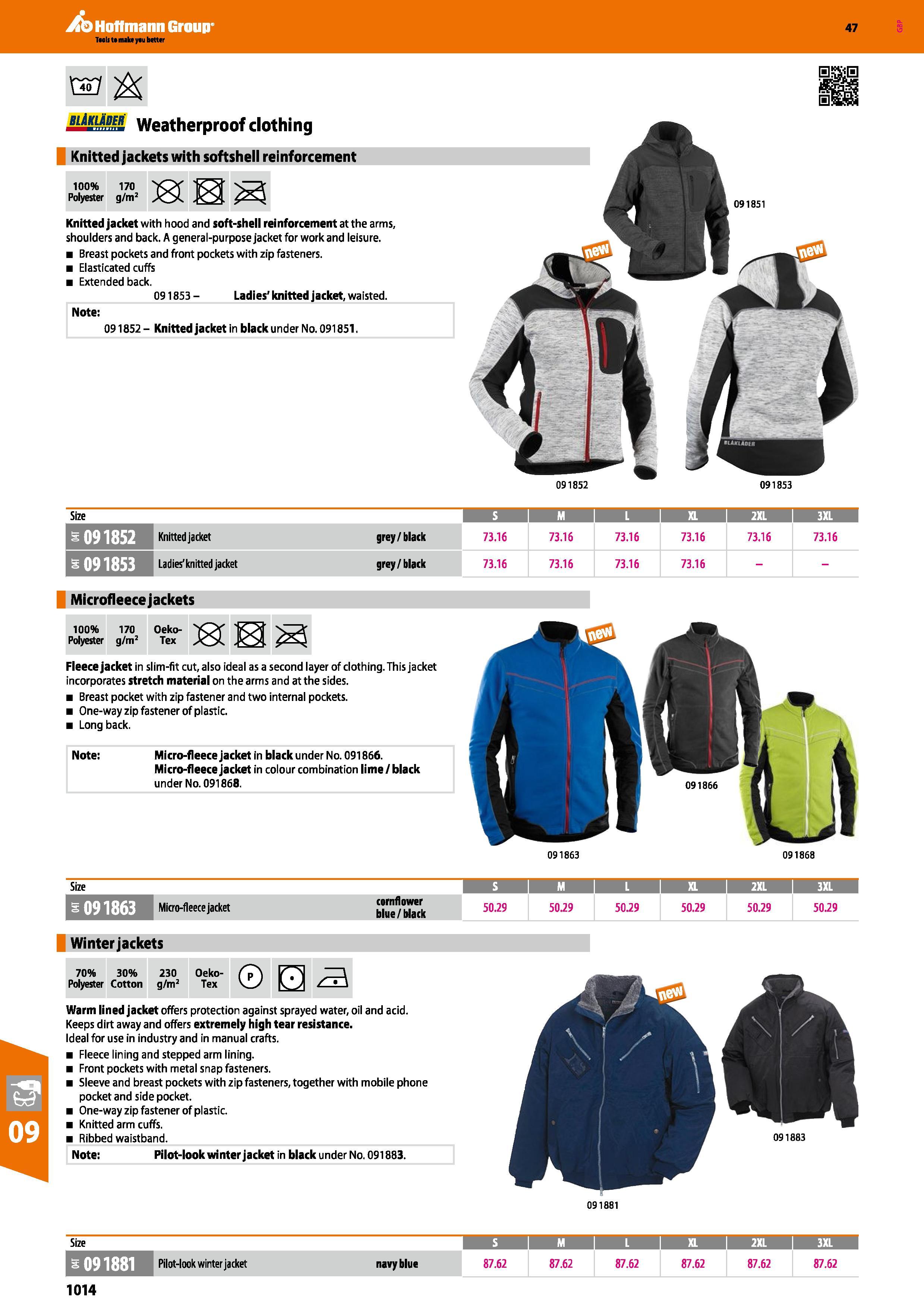 1014 Hoffmann Group 47 KM % blAklader weatherproof clothing Knitted jackets with softshell reinforcement 100% 170 Polyester g/m2 Knitted jacket with h Каталог HOFFMANN GROUP 2016 Ручной слесарно-монтажный и измерительный инструмент и оборудование от комплексного поставщика промышленных предприятий Вер. 47 Англ. Стр. 1014