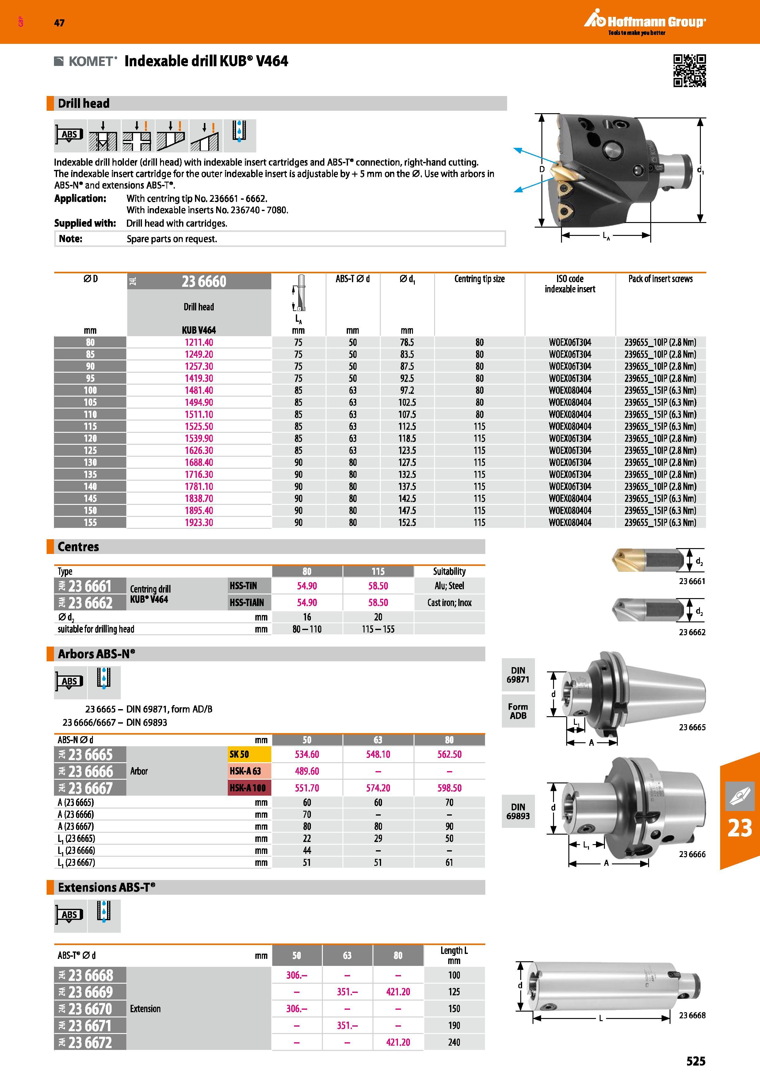 525 Hoffmann Group 47 B KOMET Indexable drill KUB V464 Drill head 4 I i lil ii n yi Indexable drill holder (drill head) with indexable insert cartrid Каталог HOFFMANN GROUP 2016 Станочный режущий и вспомогательный инструмент для металлорежущих универсальных станков центров и комплексов с ЧПУ Версия 47 Стр. 525