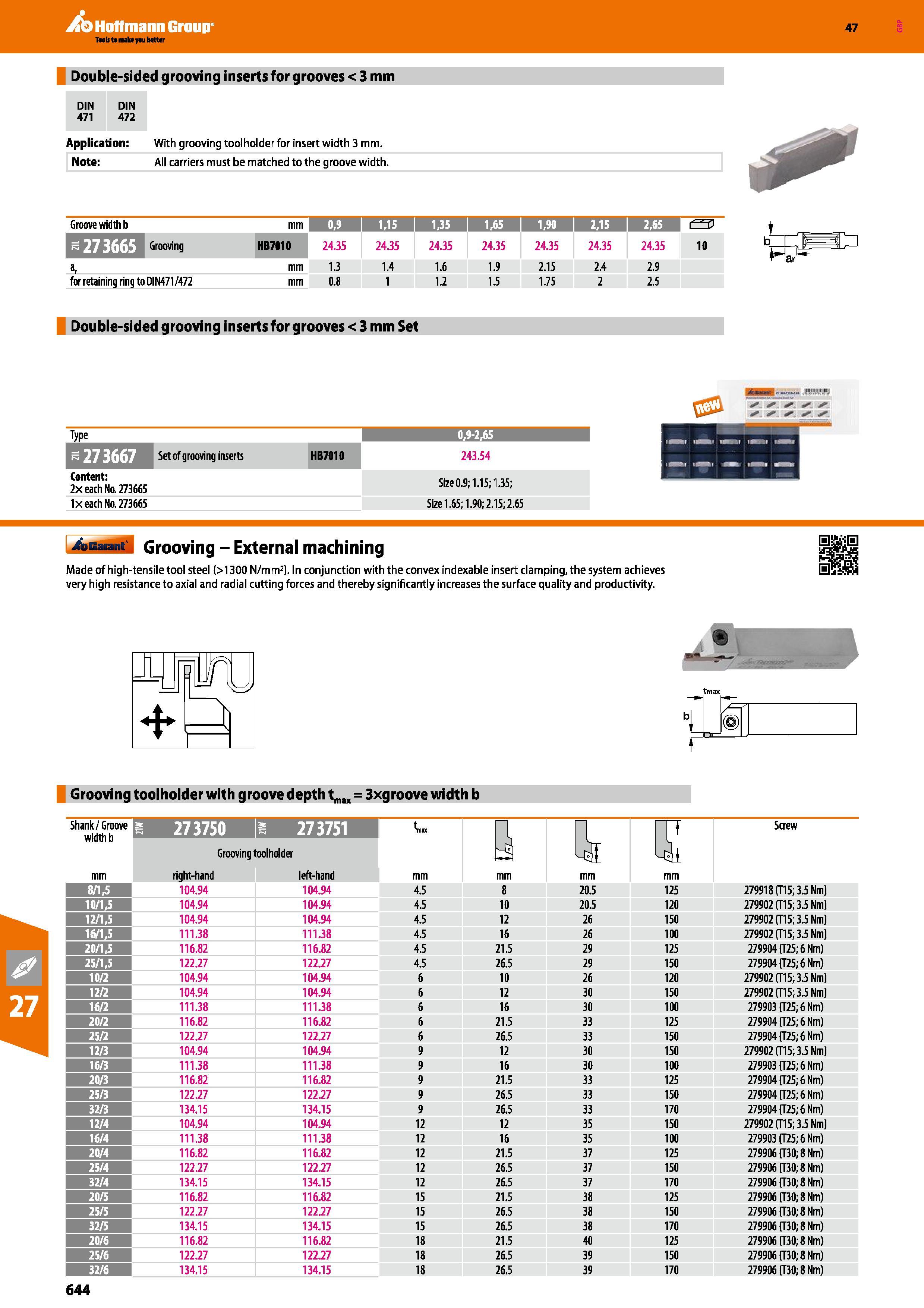 644 Hoffmann Group 47 Double-sided grooving inserts for grooves < 3 mm DIN DIN 471 472 Application: Note: With grooving toolholder for insert width 3 Каталог HOFFMANN GROUP 2016 Станочный режущий и вспомогательный инструмент для металлорежущих универсальных станков центров и комплексов с ЧПУ Версия 47 Стр. 644
