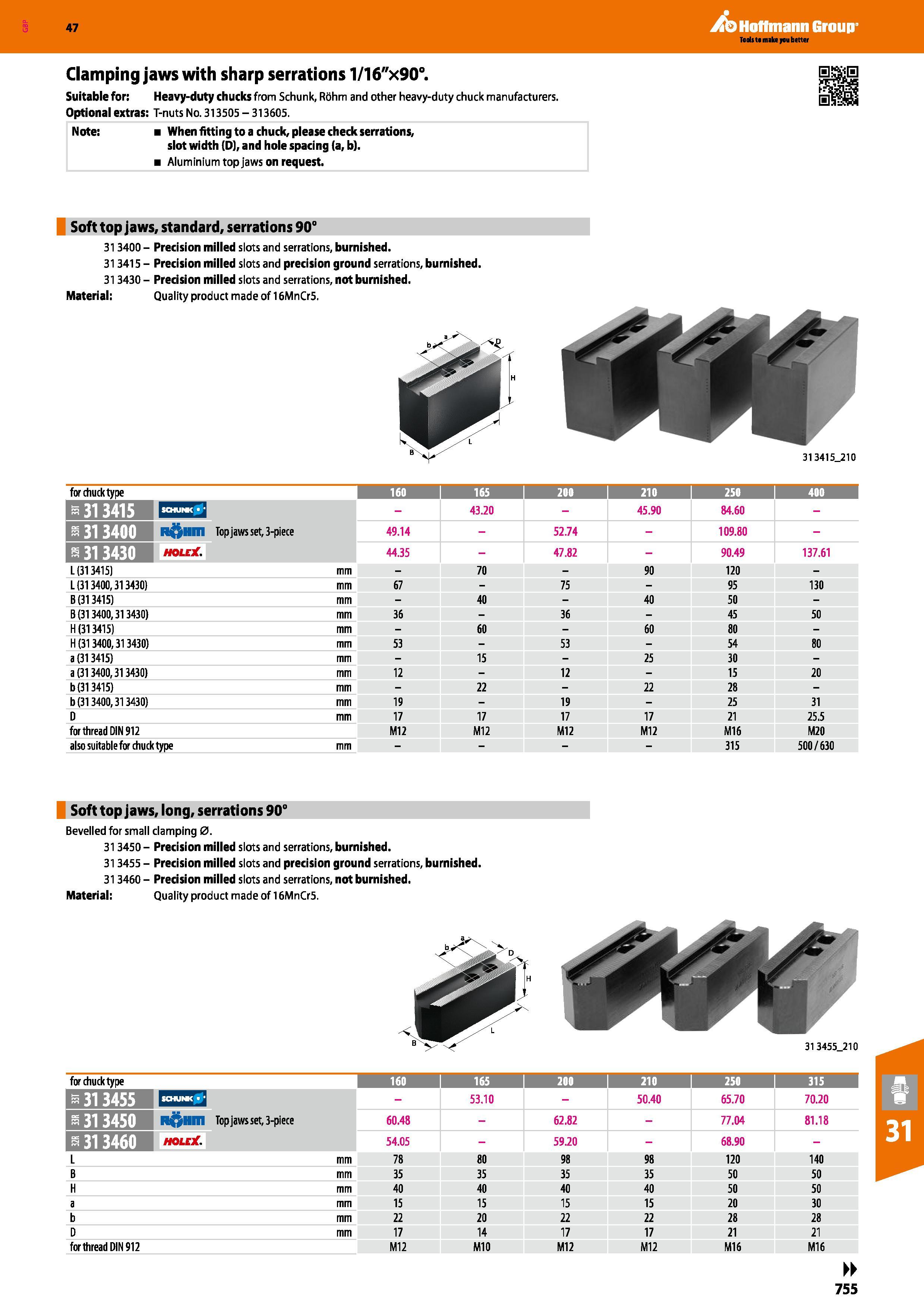 755 47 Hoffmann Group Clamping jaws with sharp serrations 1/16 x90° Suitable for: Heavy-duty chucks from Schunk, Rohm and other heavy-duty chuck manu Каталог HOFFMANN GROUP 2016 Станочный режущий и вспомогательный инструмент для металлорежущих универсальных станков центров и комплексов с ЧПУ Версия 47 Стр. 755