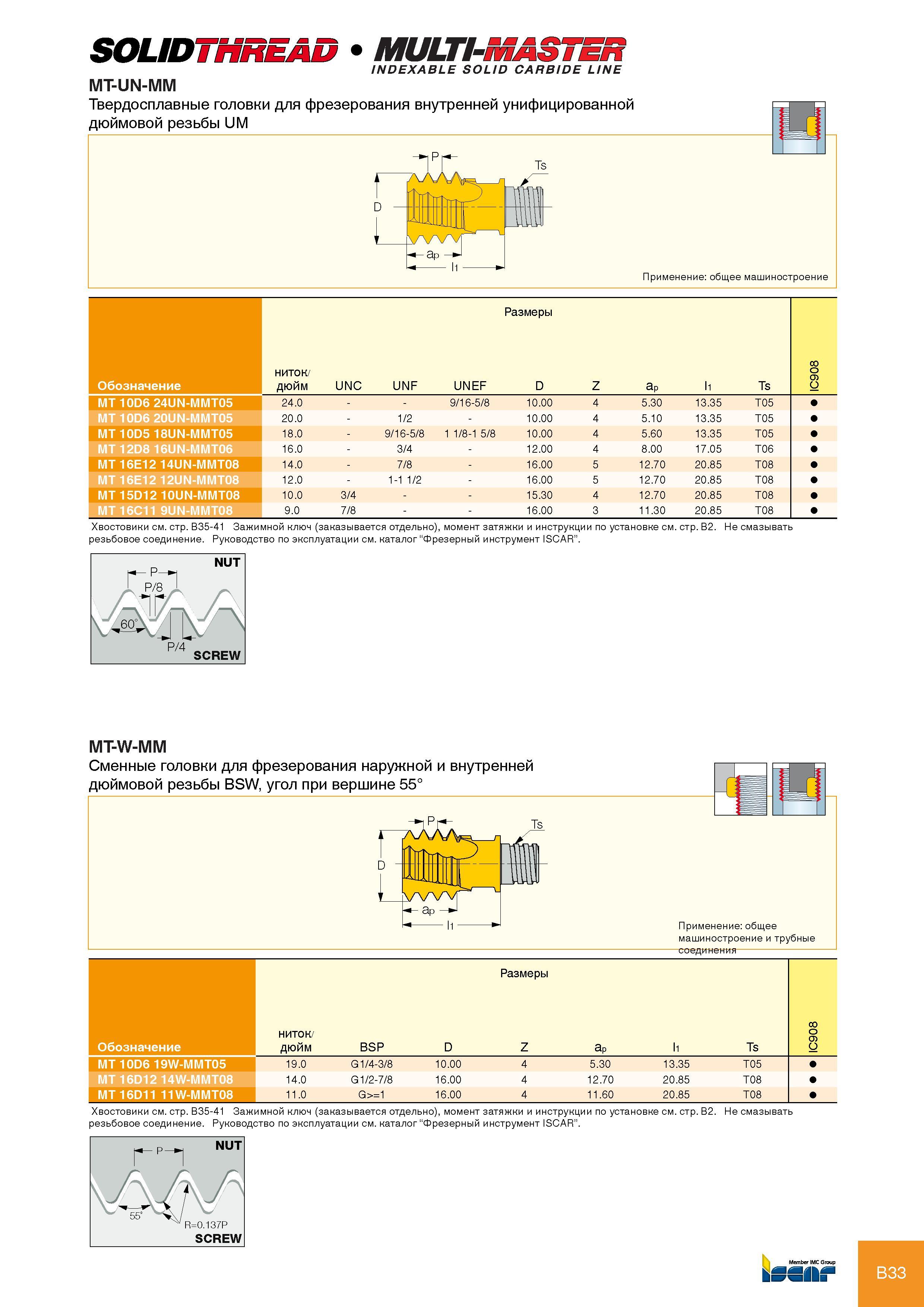 39 SOLID о INDEXABLE SOLID CARBIDE LINE MT-UN-MM Твердосплавные головки для фрезерования внутренней унифицированной дюймовой резьбы UM ГГ Ts АЛЛр q А -MMt Каталог ISCAR 2012 Металлорежущий фрезерный монолитный инструмент для высокопроизводительного фрезерования на металлообрабатывающих станках Стр. B33