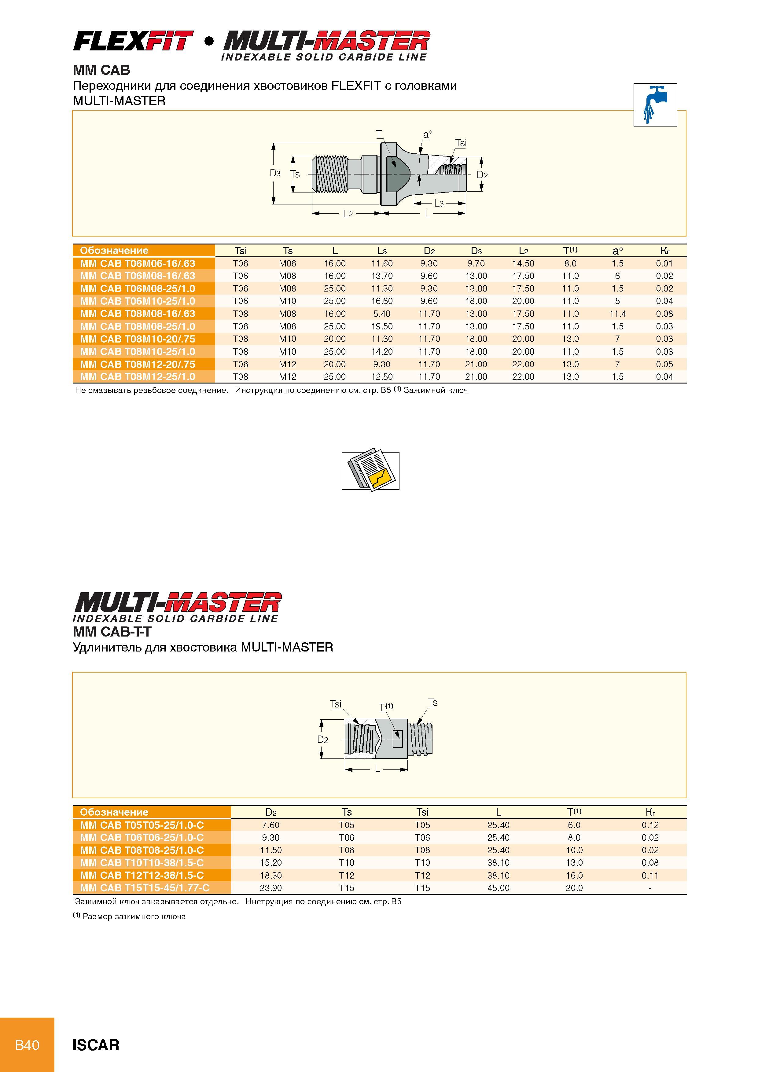 46 FLEXW INDEXABLE SOLID CARBIDE LINE MM CAB Переходники для соединения хвостовиков FLEXFIT с головками MULTI-MASTER L2 L Обозначение Tsi Ts L L3 D2 D3 L2 Каталог ISCAR 2012 Металлорежущий фрезерный монолитный инструмент для высокопроизводительного фрезерования на металлообрабатывающих станках Стр. B40