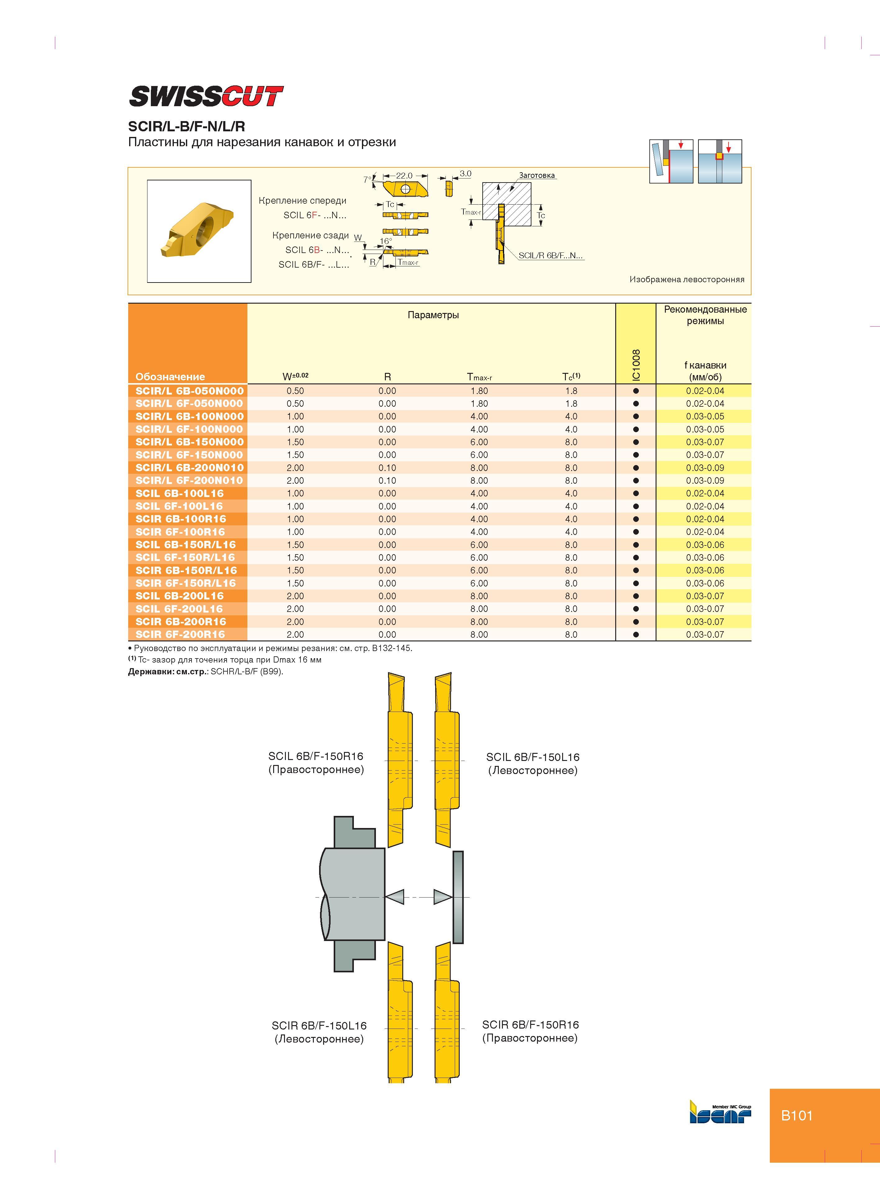 111 SWISSCUT SCIR/L-B/F-N/L/R Пластины для нарезания канавок и отрезки Крепление спереди SCIL6F- Крепление сзади уу SCIL 6В-SCIL 6B/F- Тс ЦЦЛ+flJ-a R j ц> И Каталог ISCAR 2012 Металлорежущий токарный инструмент для механической обработки канавок и отрезки на металлообрабатывающих станках и комплексах с ЧПУ Стр. B101