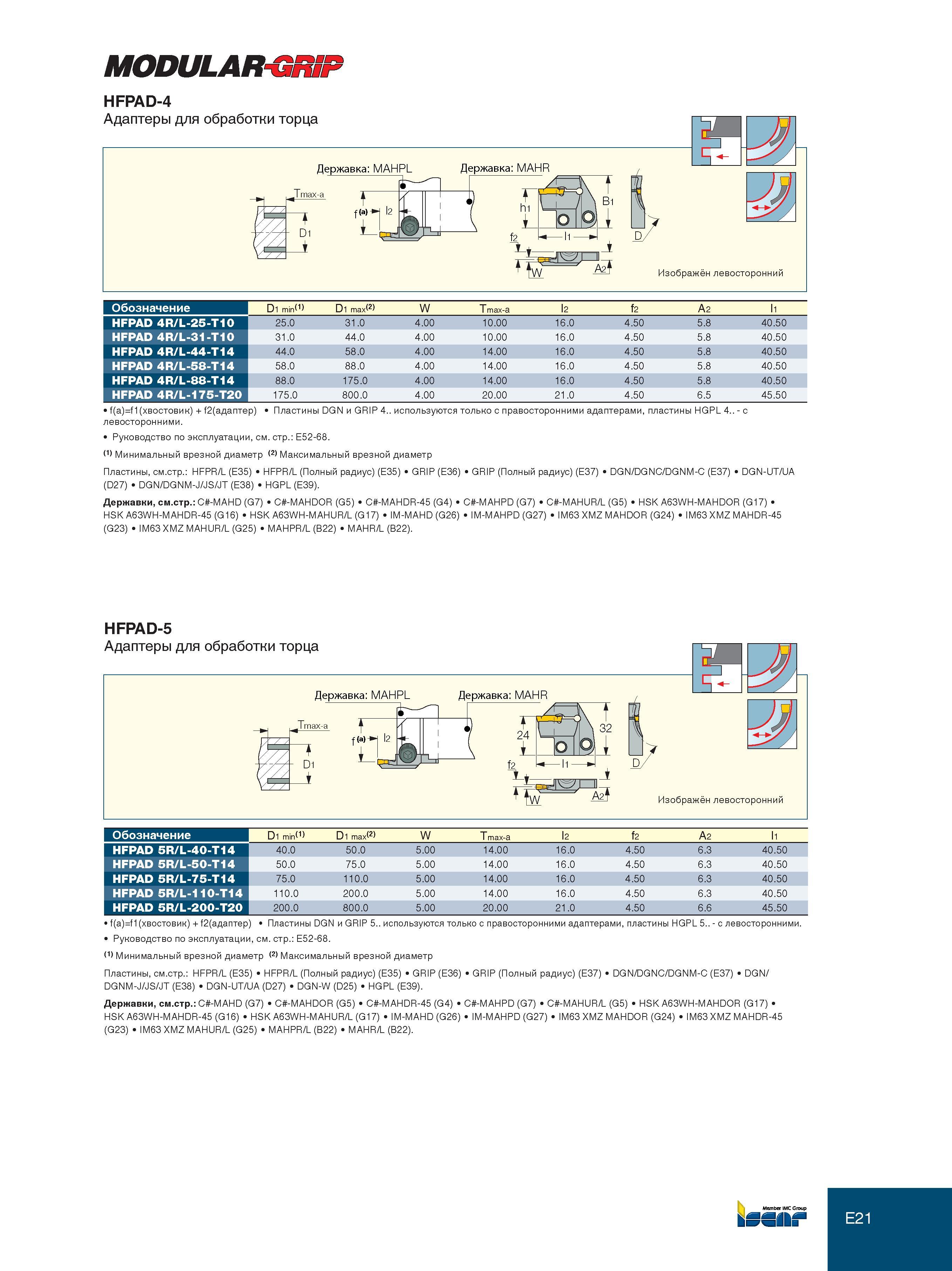 267 E21 MODULAR-GR1P HFPAD-4 Обозначение D1 min(1) D1 max(2) W T max-a l2 f2 A2 li HFPAD 4R/L-25-T10 25 0 31 0 4 00 10 00 16 0 4 50 5 8 40 50 HFPAD 4R/L-31- Каталог ISCAR 2012 Металлорежущий токарный инструмент для механической обработки канавок и отрезки на металлообрабатывающих станках и комплексах с ЧПУ Стр. E21