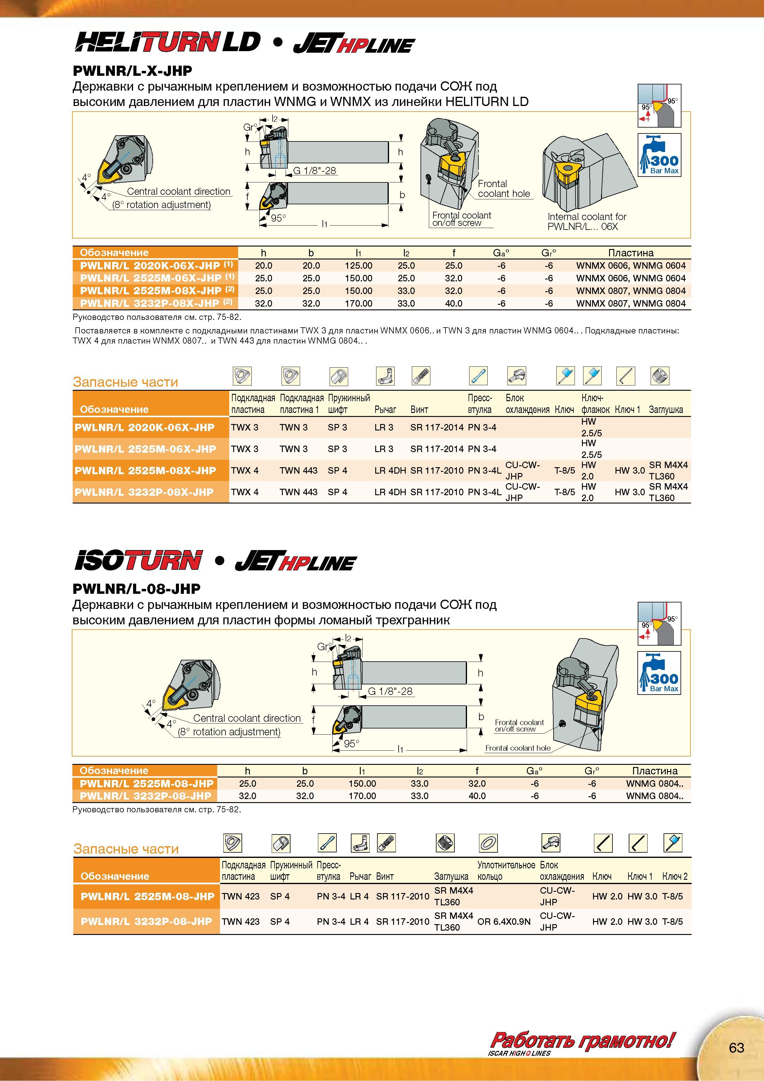 65 Наружные токарные державки Iscar с СРП HELITURNLD JET line PWLNR/L-X-JHP с рычажным креплением и возможностью подачи СОЖ под высоким давлением для пластин WNMG Каталог Каталог ISCAR 2015 Новая продукция для металлообработки Металлорежущий инструмент и оснастка Резцы Фрезы Сверла Сменные режущие пластины для обрабатывающих станков Стр. 63