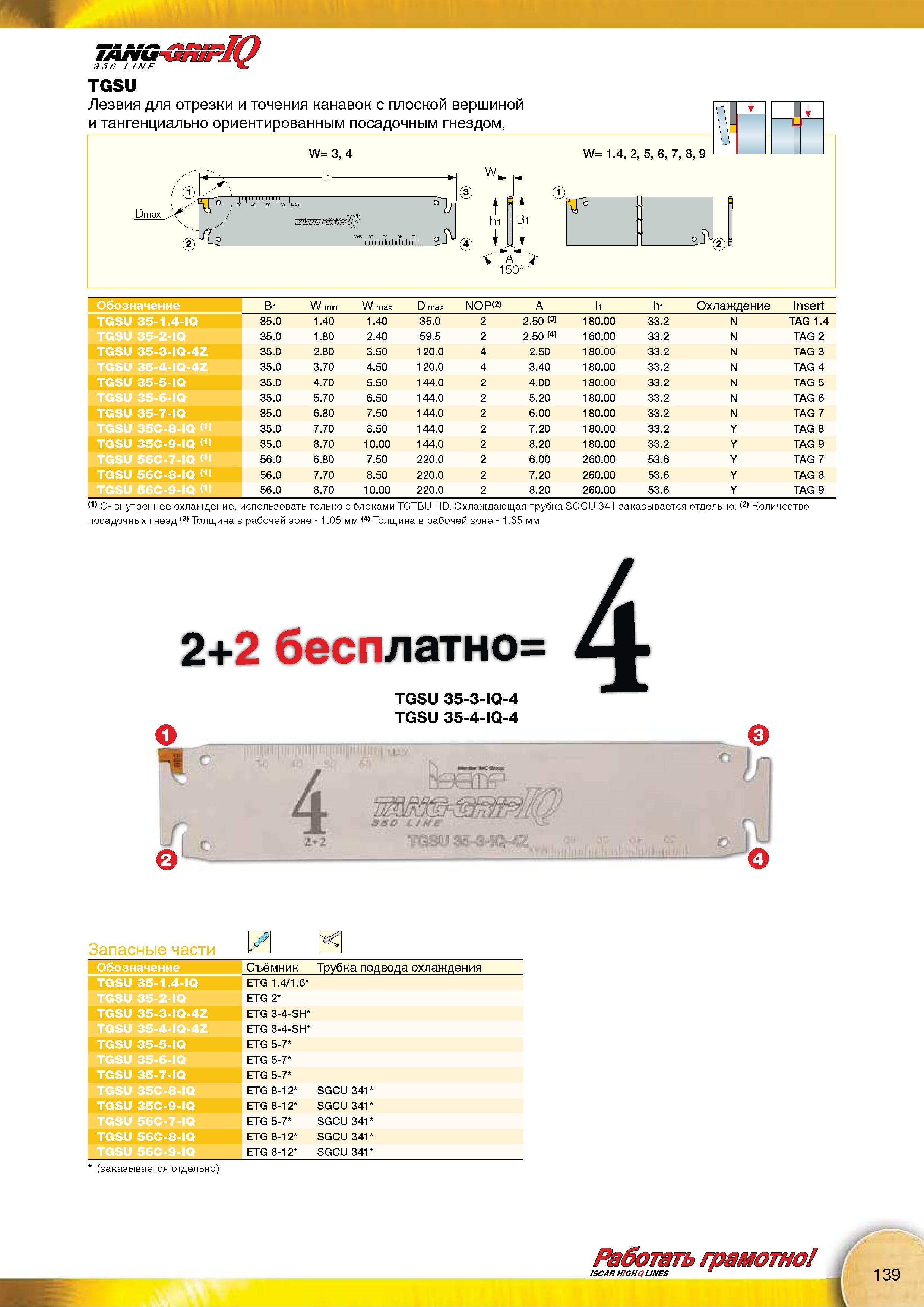 141 Токарные отрезные лезвия Iscar TGSU для отрезки и точения канавок с плоской вершиной и тангенциально ориентированным посадочным гнездом Основные параметры Каталог Каталог ISCAR 2015 Новая продукция для металлообработки Металлорежущий инструмент и оснастка Резцы Фрезы Сверла Сменные режущие пластины для обрабатывающих станков Стр. 139