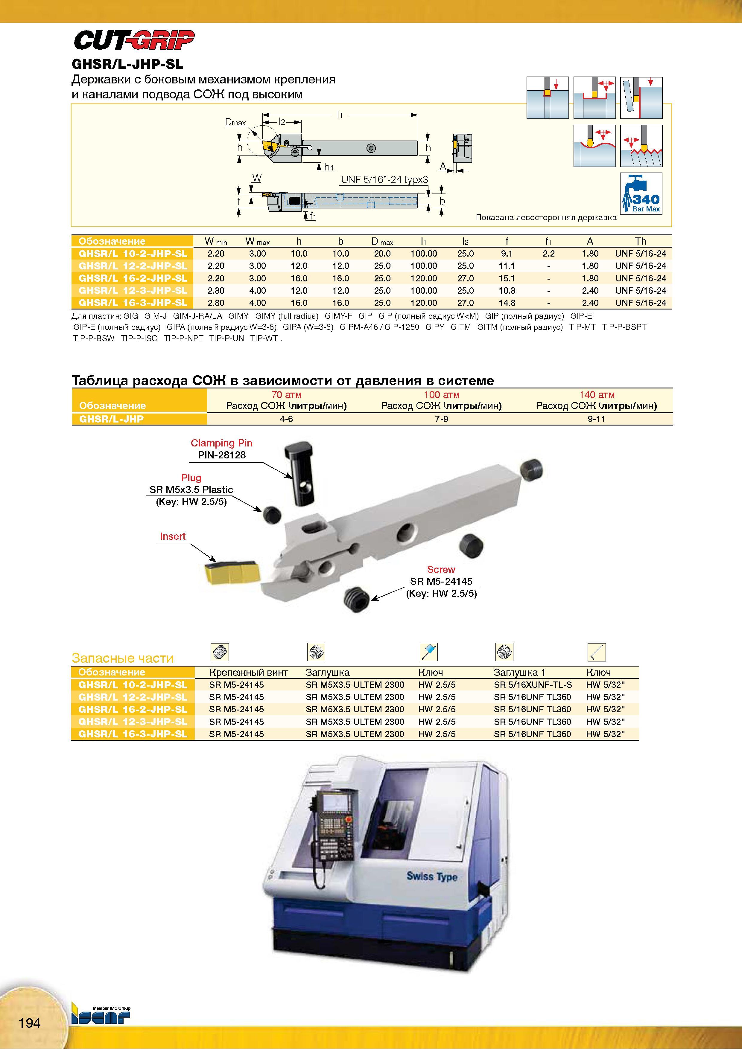 196 Державки токарные Iscar GHSR/L-JHP-SL с боковым механизмом крепления и каналами подвода СОЖ под высоким давлением Каталог Каталог ISCAR 2015 Новая продукция для металлообработки Металлорежущий инструмент и оснастка Резцы Фрезы Сверла Сменные режущие пластины для обрабатывающих станков Стр. 194