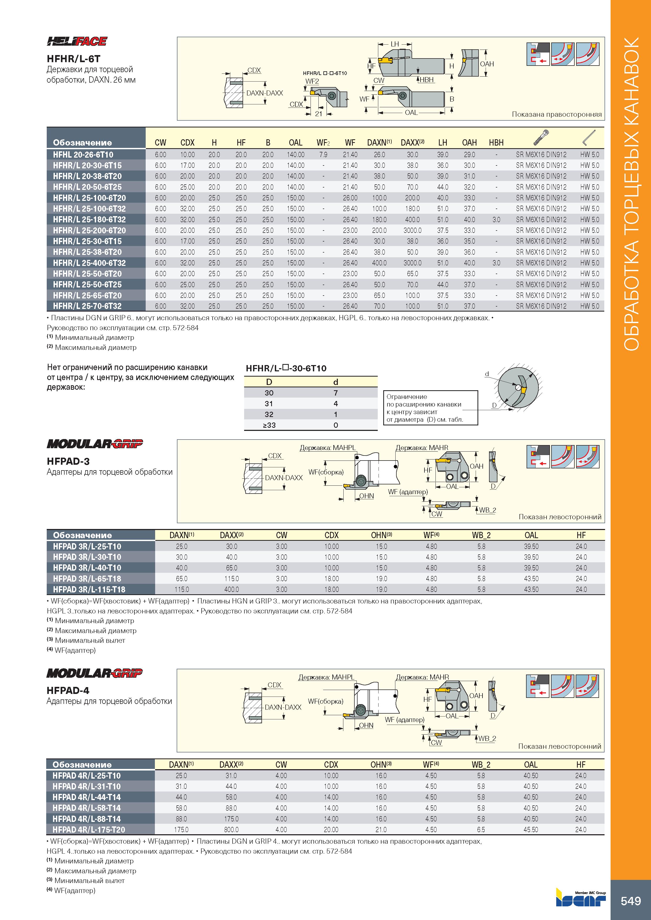 553 ШиЕЛСЕ HFHR/L-6T Державки для торцевой обработки, DAXN 26 мм Обозначение CW CDX H HF B OAL WF2 WF DAXN(1) DAXX 2) LH OAH HBH / HFHL 20-26-6T10 6 Каталог ISCAR 2020 Инструменты для токарных работ Пластины сменные режущие для точения отрезки обработки канавок нарезания резьбы наружной и внутренней Резцы Оснастка Стр. 549