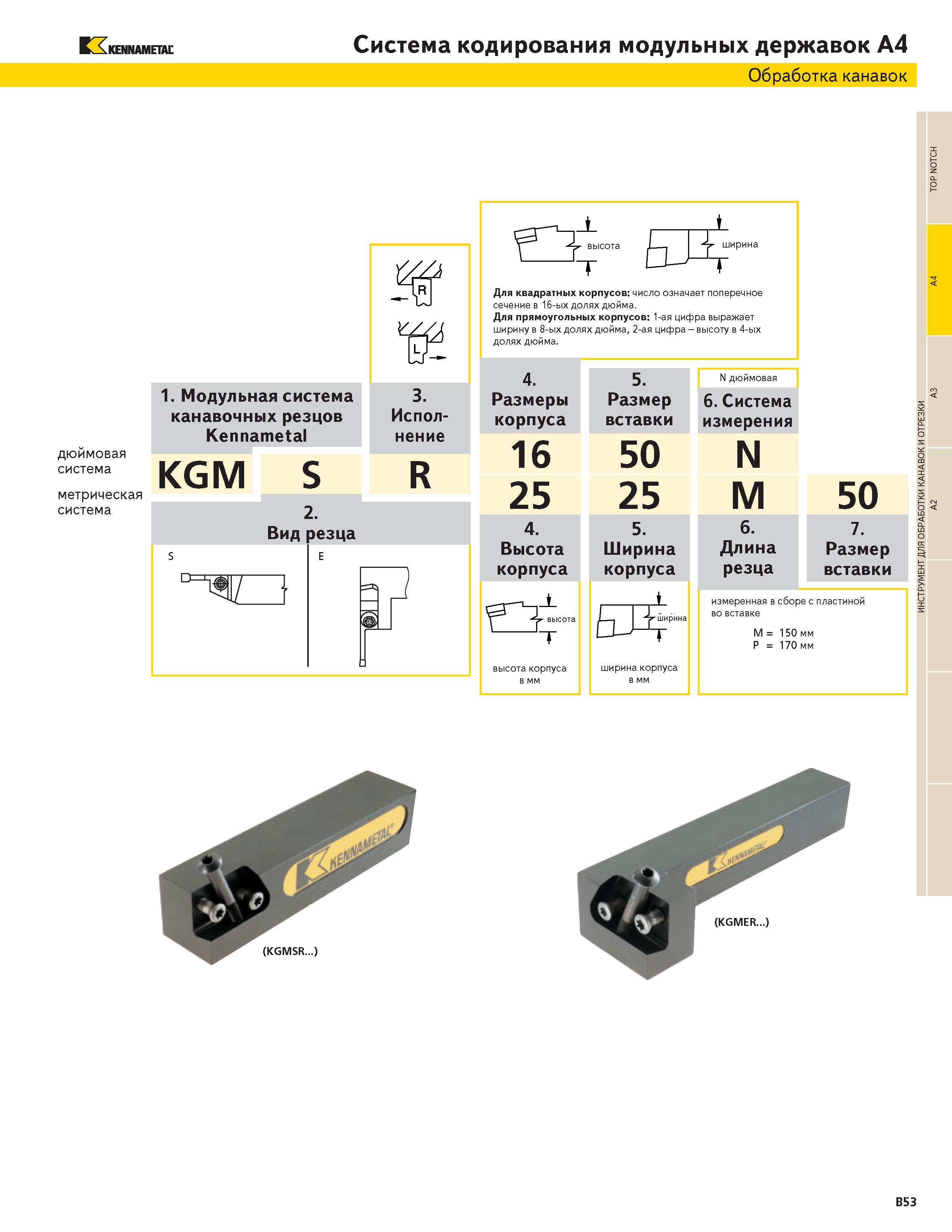 321 KENNAMETAL Система кодирования модульных державок А4 Обработка канавок дюймовая система метрическая система -г1- ширина Для квадратных корпусов число Каталог KENNAMETAL 2004 Режущий инструмент для точения отрезки обработки канавок и нарезания резьбы на металлорежущих станках и центрах с ЧПУ Стр. B53