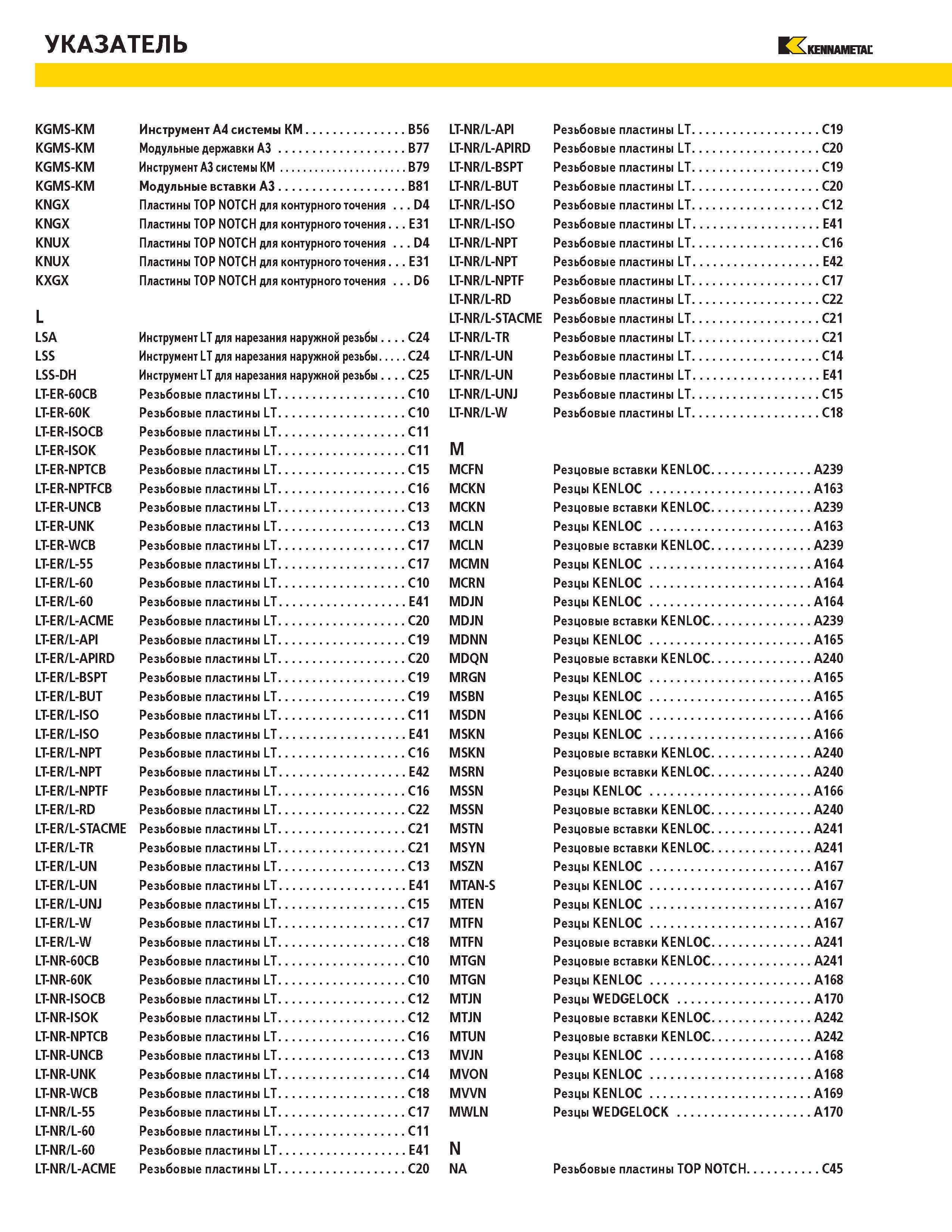 528 УКАЗАТЕЛЬ KENNAMETAL KGMS-KM Инструмент А4 системы КМ B56 LT-NR L-API KGMS-KM Модульные державки А3 B77 LT-NR L-APIRD KGMS-KM Инструмент А3 системы КМ Каталог KENNAMETAL 2004 Режущий инструмент для точения отрезки обработки канавок и нарезания резьбы на металлорежущих станках и центрах с ЧПУ Стр. 