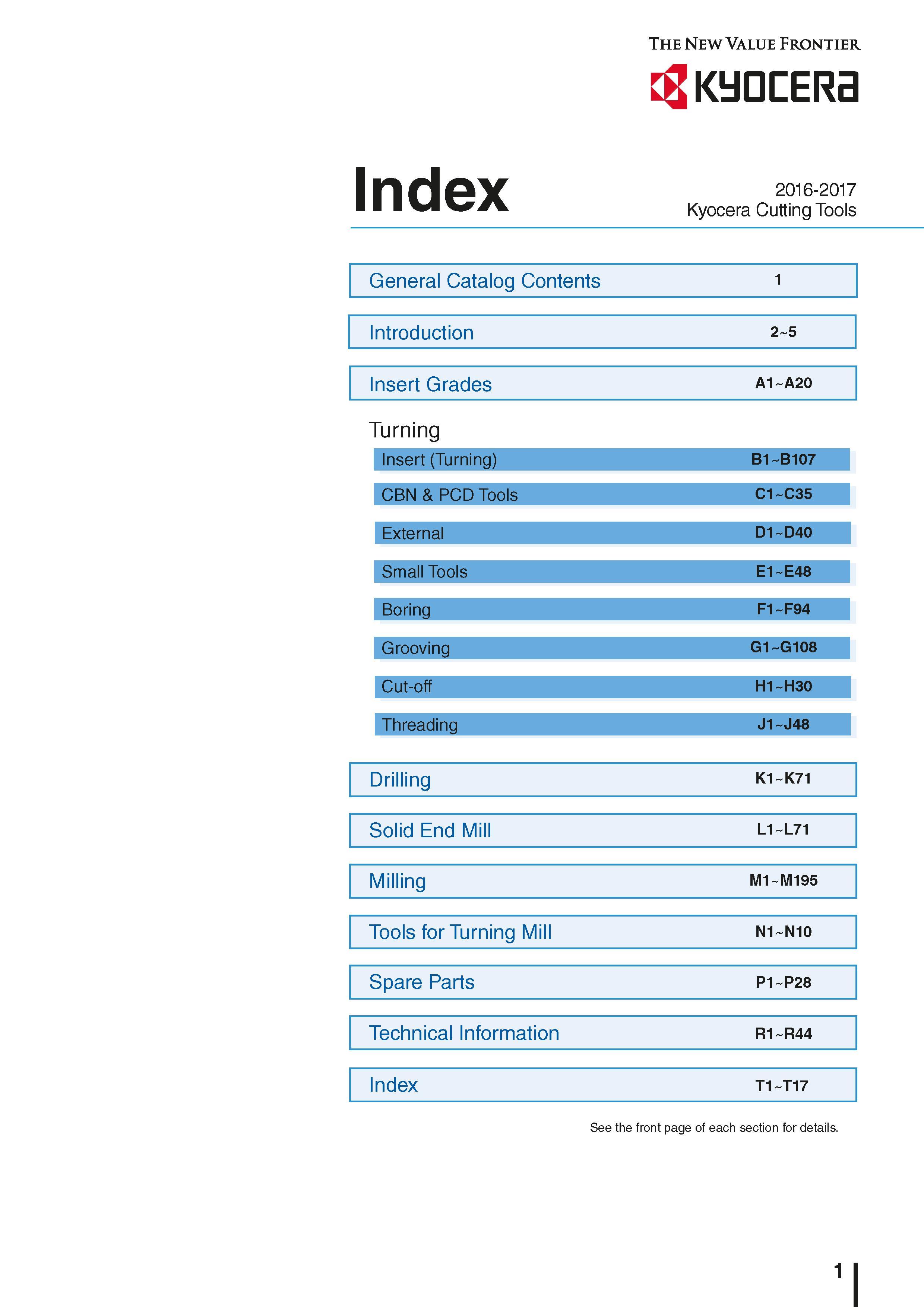 5 The New Value Frontier eg KyocERa Index 2016-2017 Kyocera Cutting Tools General Catalog Contents 1 Introduction 2 5 Insert Grades A1 A20 Turning Каталог KYOCERA 2016 Металлорежущий станочный инструмент Сменные режущие пластины Токарные резцы Расточные державки Фрезы с СРП и твердосплавные Сборные сверла Стр. 1
