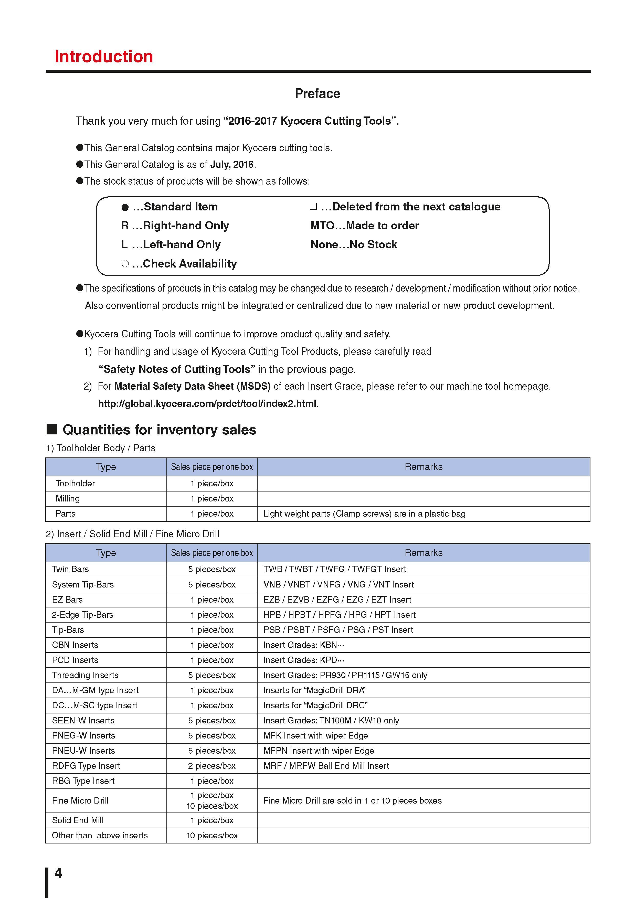 8 Introduction Preface Thank you very much for using “2016-2017 Kyocera Cutting Tools” This General Catalog contains major Kyocera cutting tools Th Каталог KYOCERA 2016 Металлорежущий станочный инструмент Сменные режущие пластины Токарные резцы Расточные державки Фрезы с СРП и твердосплавные Сборные сверла Стр. 4