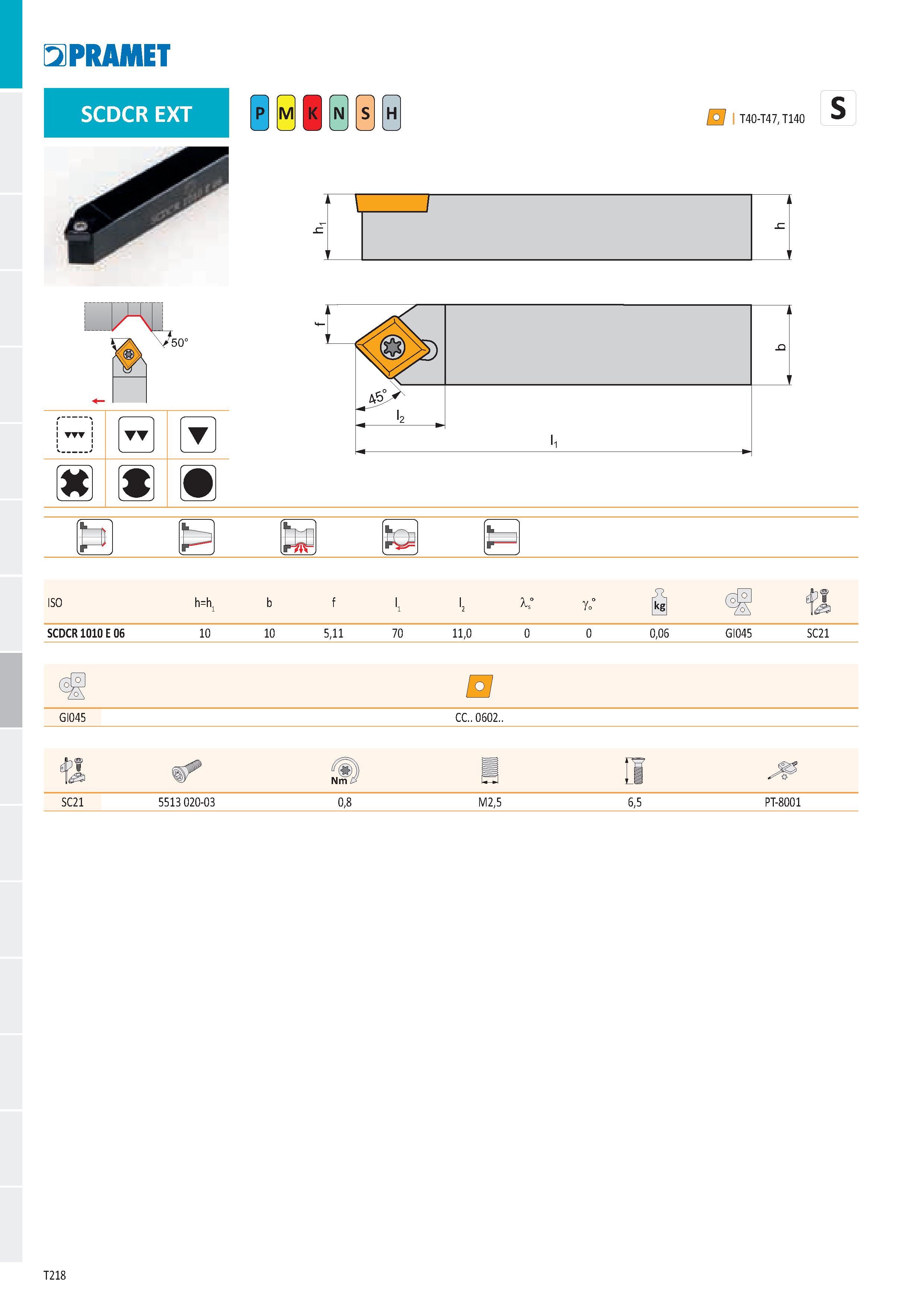 224 PRAMET SCDCR EXT Ё H ISO h=h, b fl SCDCR 1010 E 06 10 10 5,11 70 11,0 0 0 0,06 GI045 SC21 GI045 CC 0602 éPÍ Nm SC21 5513 020-03 0,8 M2,5 6,5 PT-8 Каталог PRAMET 2019 Режущий инструмент Резцы с твердосплавными пластинами по металлу для точения и растачивания Концевые и насадные фрезы Сверла с СМП Расточные головки Стр. T218
