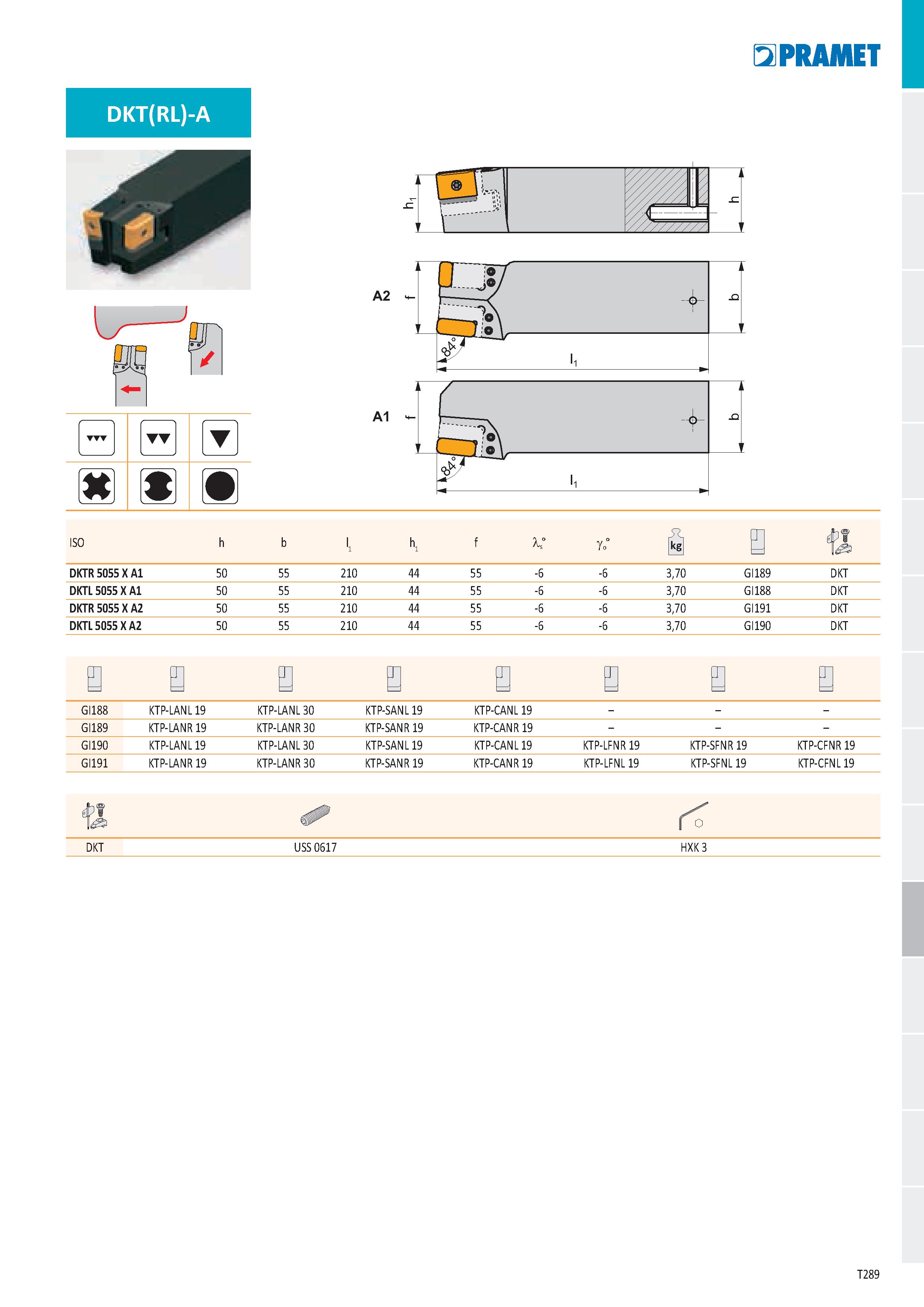 295 DKT(RL)-A пзп ffflIP t L с U A2 J Ч Wi -j -jy -Ч Ф“ í ä \ Q L T A1 Ér& -f D Т :л \ 1 ISO h b h1 f 1° go° kg 0 Í>t DKTR 5055 X A1 50 55 210 44 55 Каталог PRAMET 2019 Режущий инструмент Резцы с твердосплавными пластинами по металлу для точения и растачивания Концевые и насадные фрезы Сверла с СМП Расточные головки Стр. T289