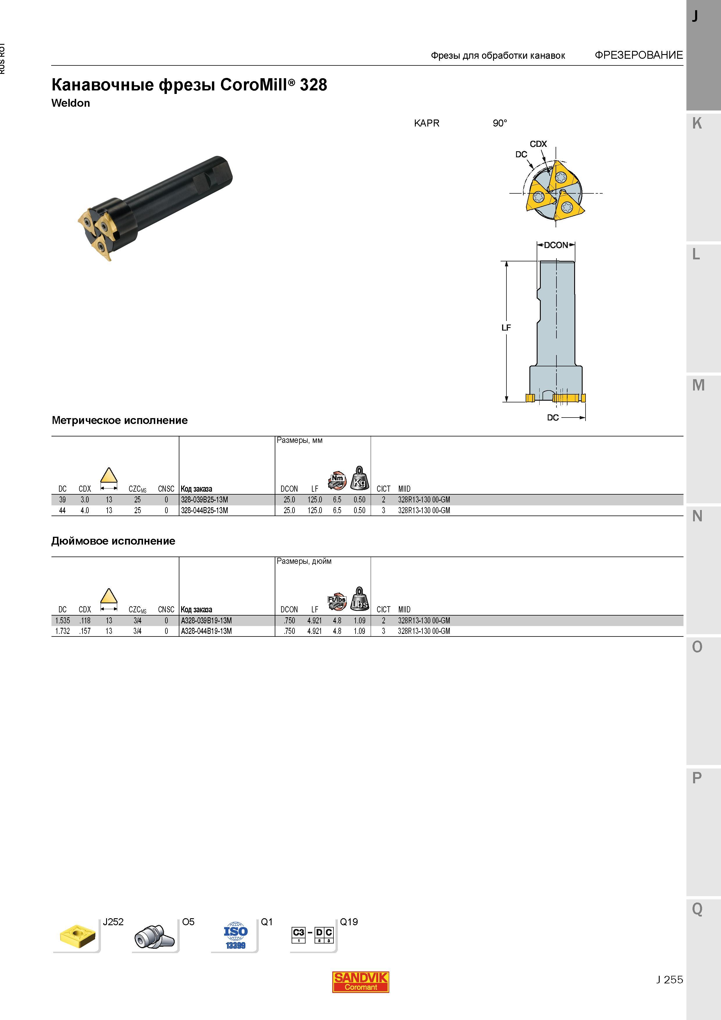 283 Канавочные фрезы Sandvik CoroMill 328 Weldon KAPR 90 KDCONH LF Метрическое исполнение DC- A DC CDX CZCms CNSC Код заказа Размеры мм Фрезы для о Каталог SANDVIK COROMANT 2015 Металлорежущие вращающиеся инструменты и станочная инструментальная оснастка Стр. J255